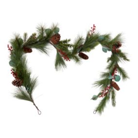 1.8m Green Garland with Red berries & pinecones