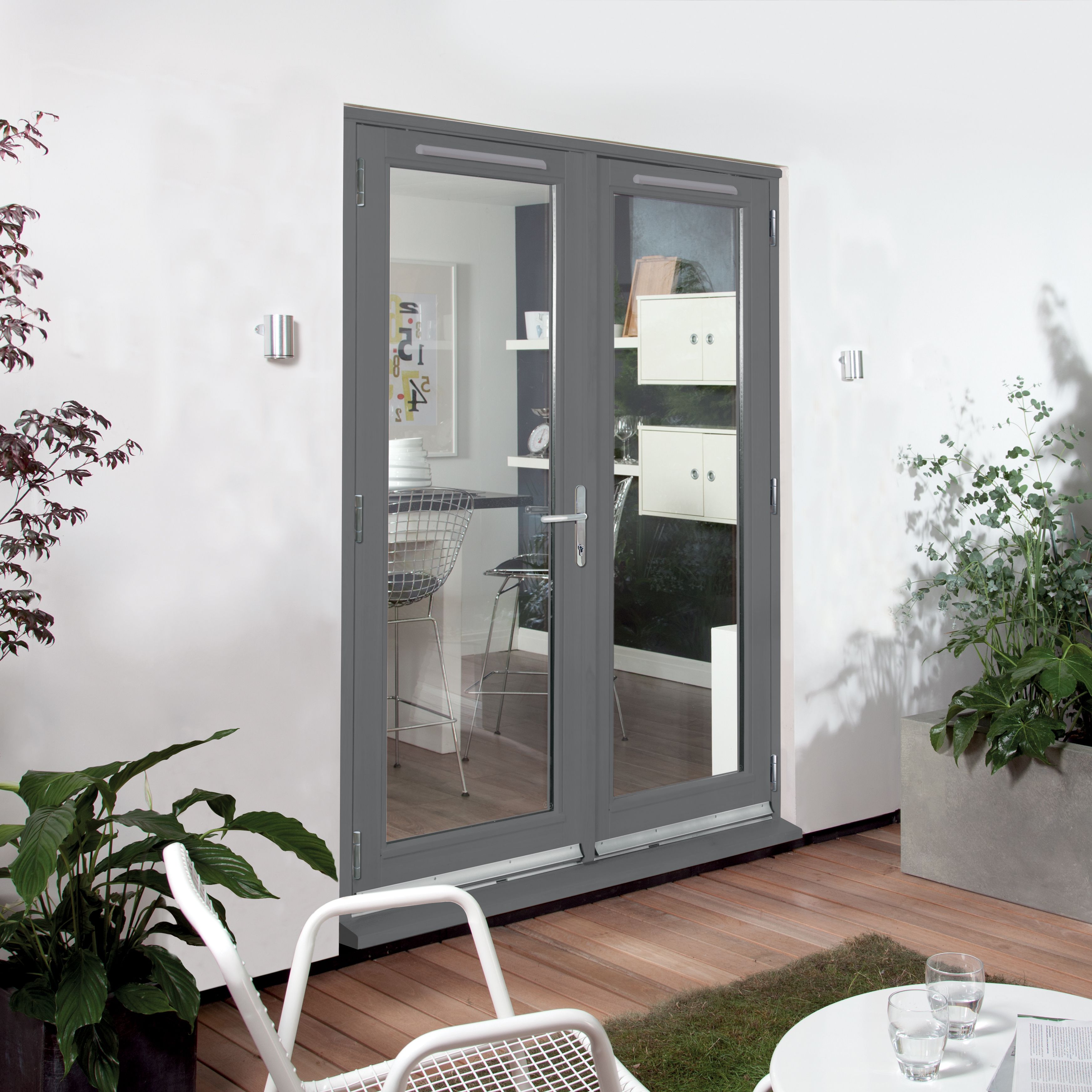 1 Lite Glazed Grey Hardwood External French Door set, (H)2094mm (W