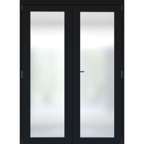 1 panel 1 Lite Frosted Fully glazed Timber Black Internal French door set 2017mm x 133mm x 1445mm - Fully Finished