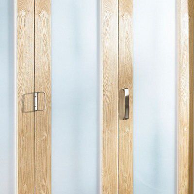 1 panel Obscure Glazed Shaker Hardwood Oak veneer Internal Folding Door set, (H)1981mm (W)2440mm