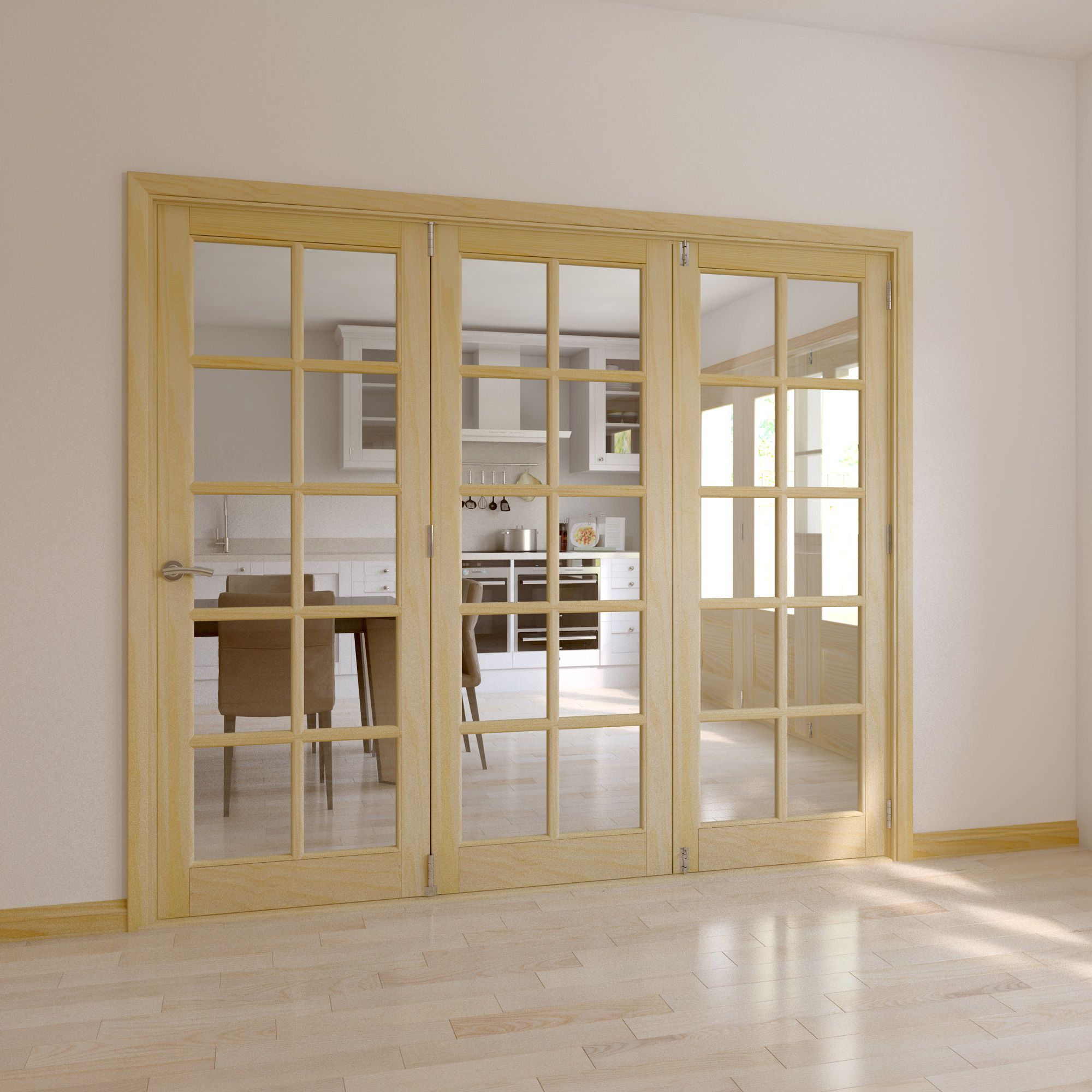 10 Lite Clear Glazed Classic Clear pine Internal Folding Tri-fold Door set, (H)2035mm (W)2146mm