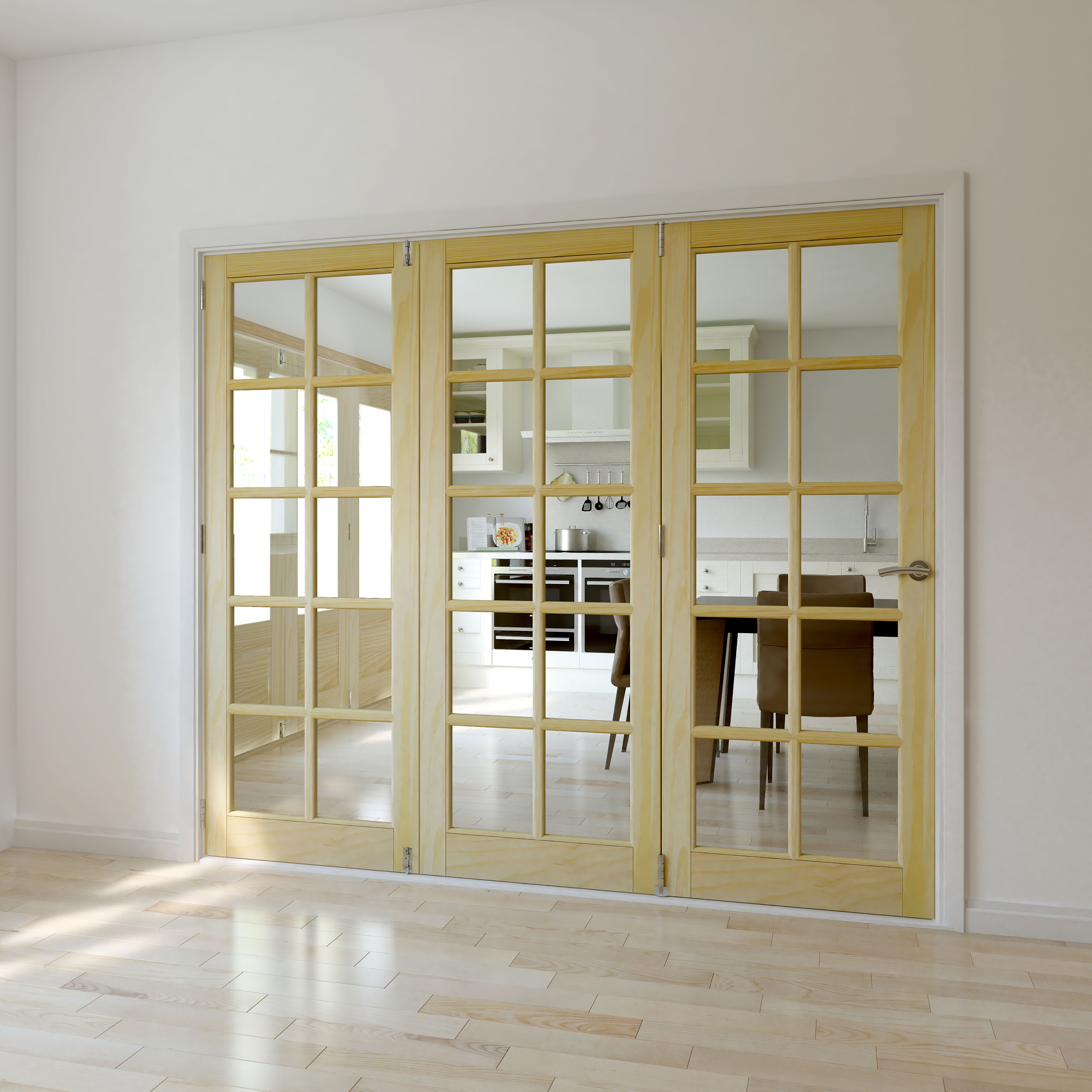 10 Lite Clear Glazed Classic Clear pine Internal Folding Tri-fold Door set, (H)2035mm (W)2374mm