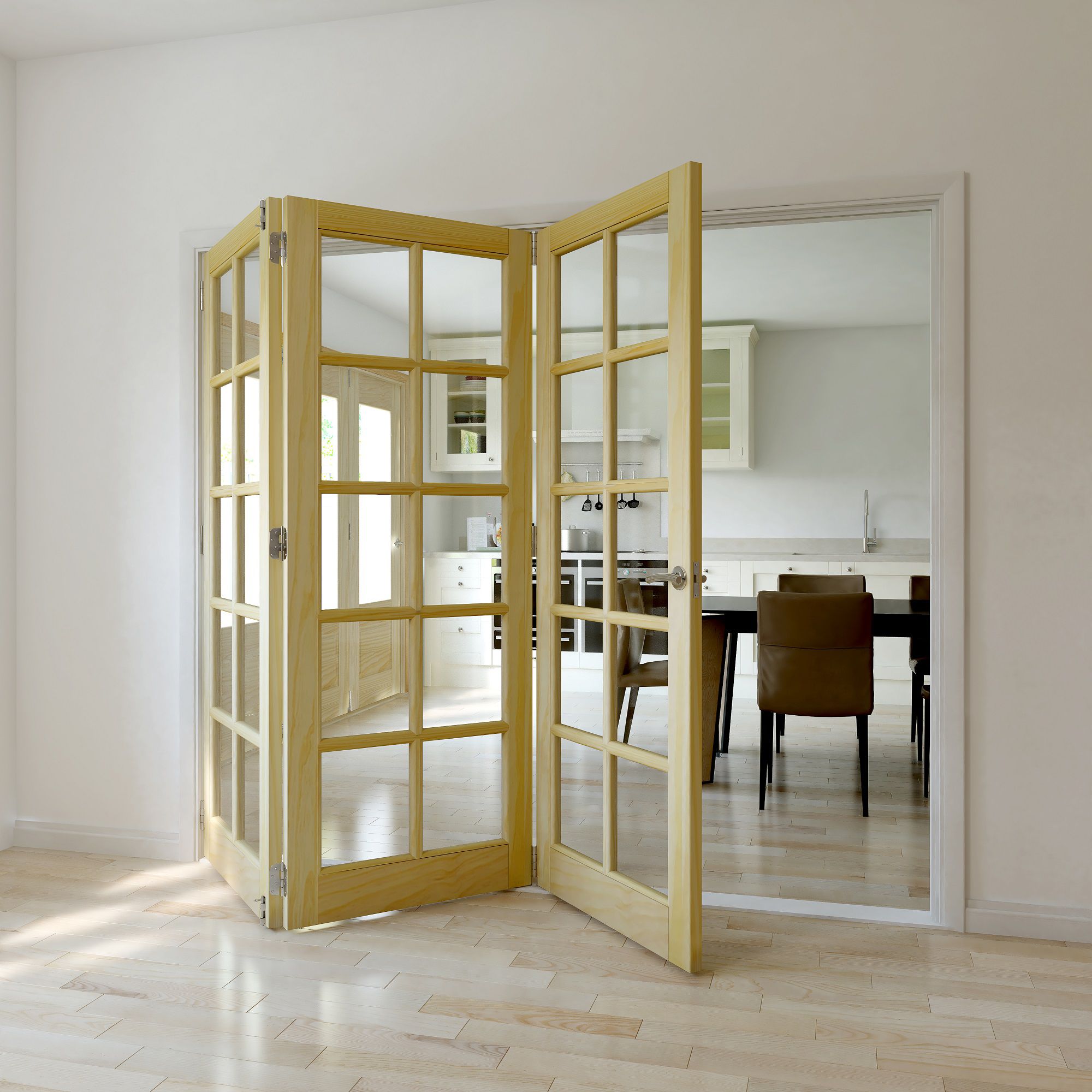 10 Lite Clear Glazed Classic Clear pine Internal Folding Tri-fold Door set, (H)2035mm (W)2374mm