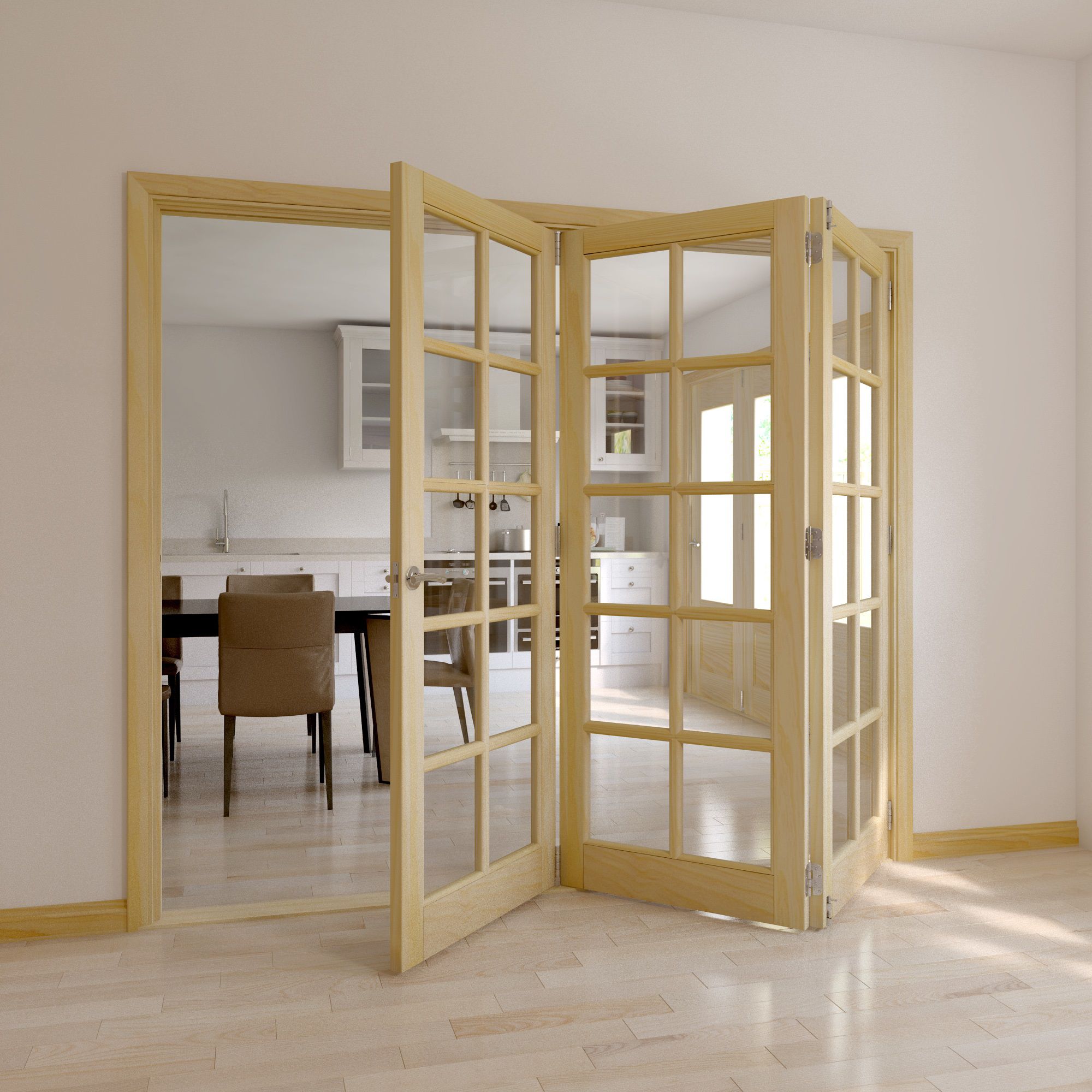 10 Lite Clear Glazed Classic Clear pine Internal Folding Tri-fold Door set, (H)2035mm (W)2374mm