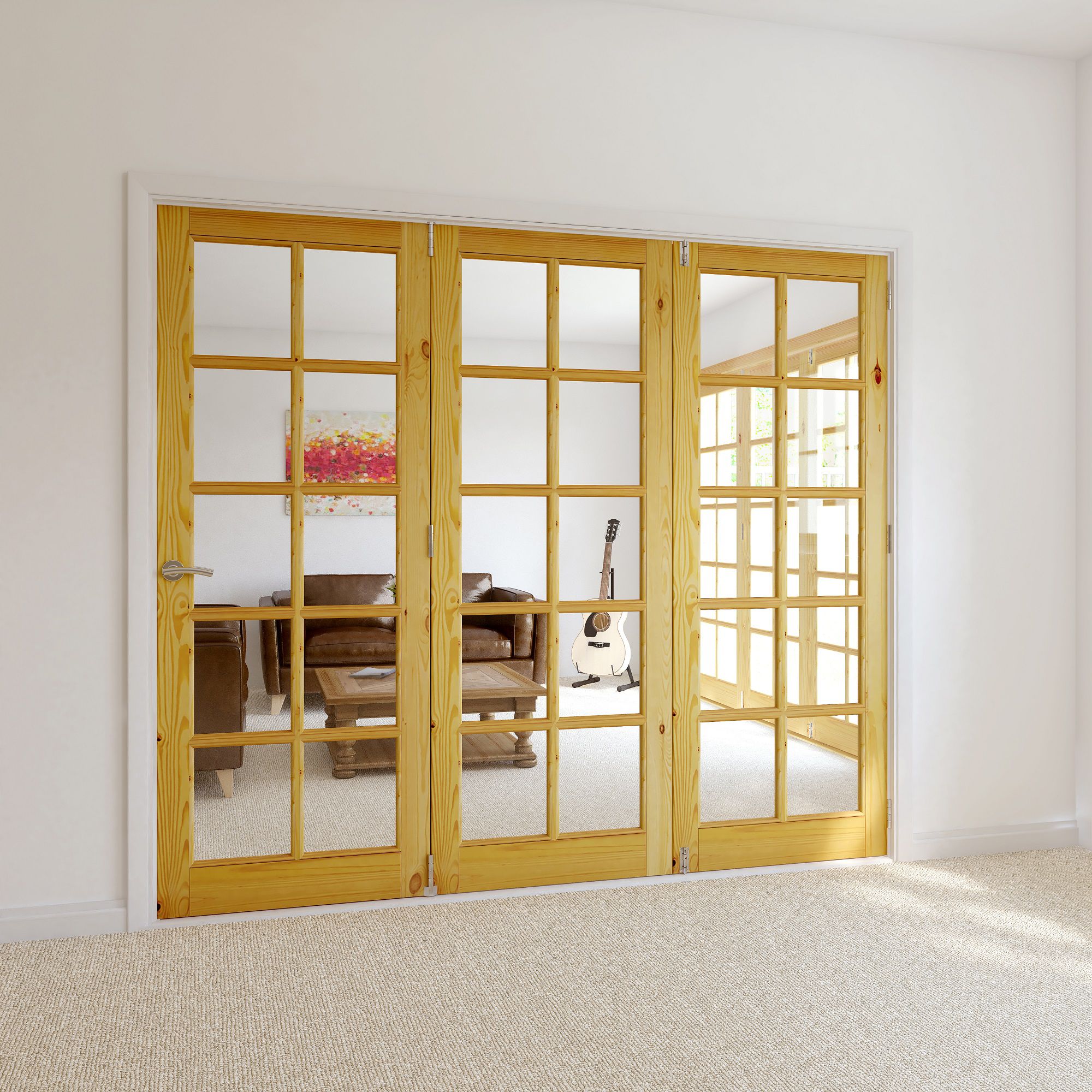 10 Lite Glazed Classic Knotty pine Internal Folding Tri-fold Door set, (H)2035mm (W)2374mm
