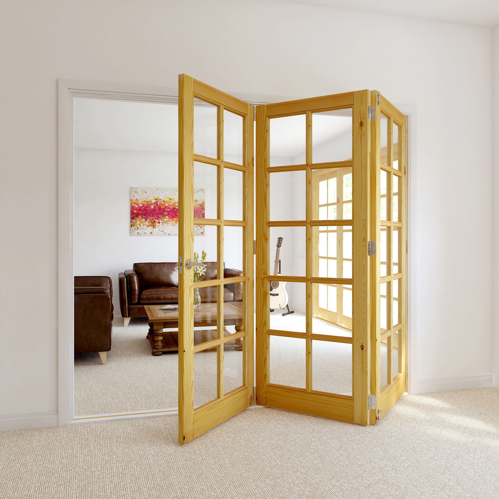 10 Lite Glazed Classic Knotty pine Internal Folding Tri-fold Door set, (H)2035mm (W)2374mm