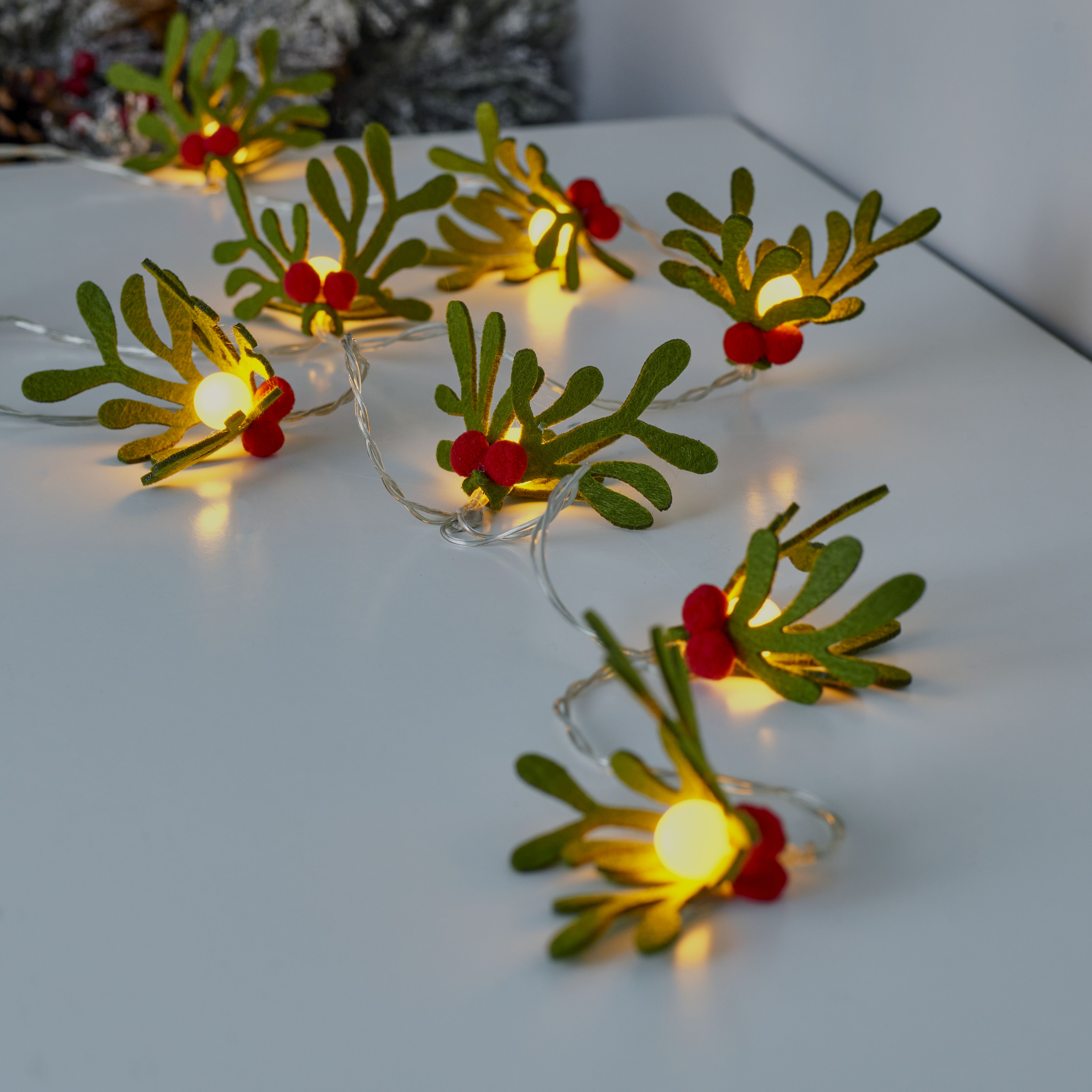 10 Warm white Mistletoe LED String lights With timer function Clear cable