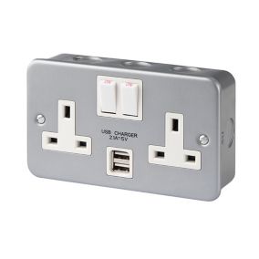 13A Grey 2 gang Metal-clad switched USB socket with White inserts