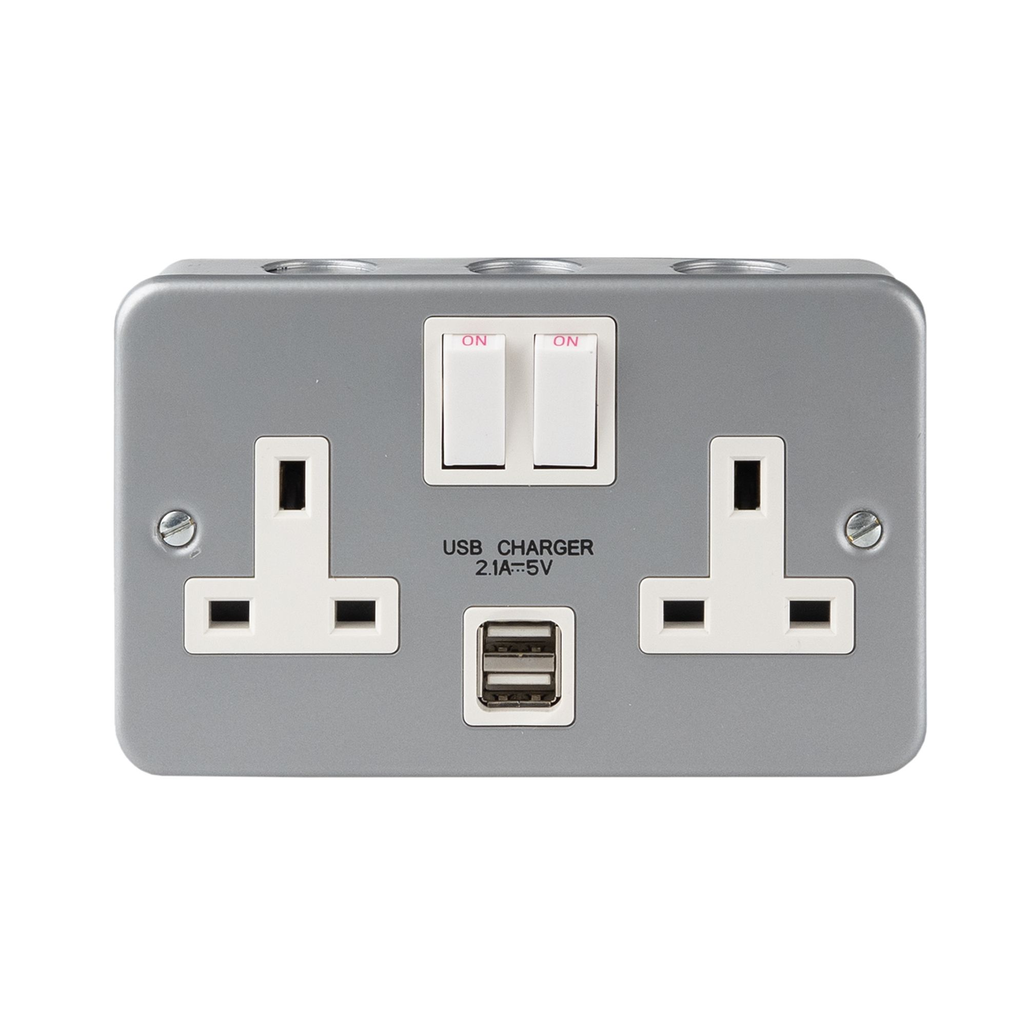 13A Grey 2 gang Metal-clad switched USB socket with White inserts