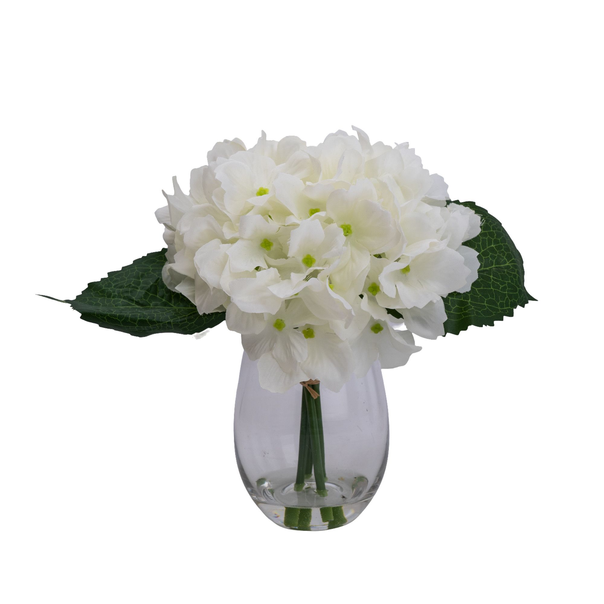 17cm White Hydrangeas Artificial plant in Clear Glass Vase DIY at B&Q