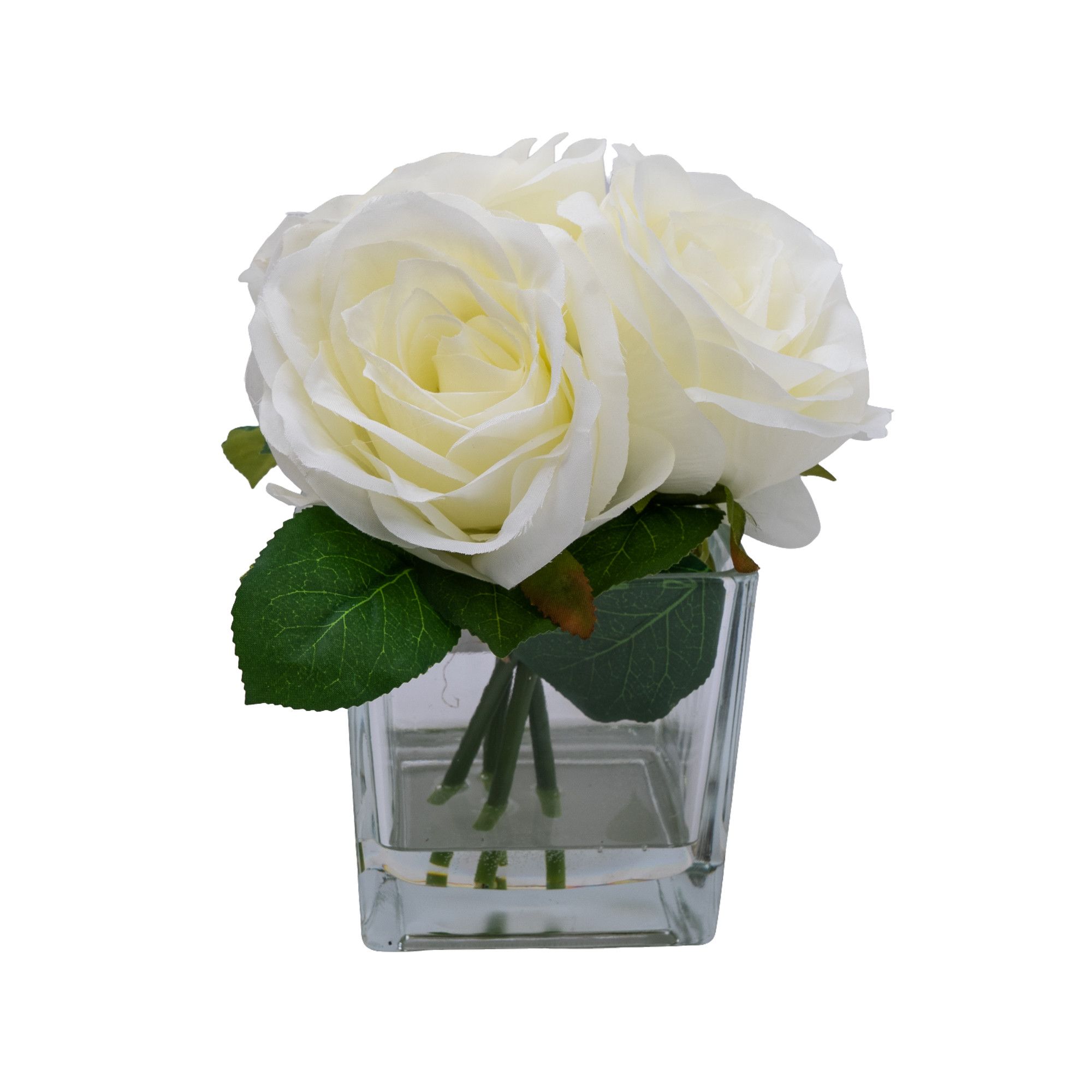 19cm White Roses Artificial plant in Clear Square Glass Vase DIY at B&Q