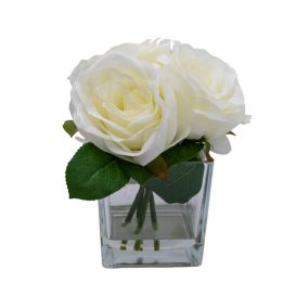19cm White Roses Artificial plant in Clear Square Glass Vase