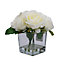 19cm White Roses Artificial plant in Clear Square Glass Vase