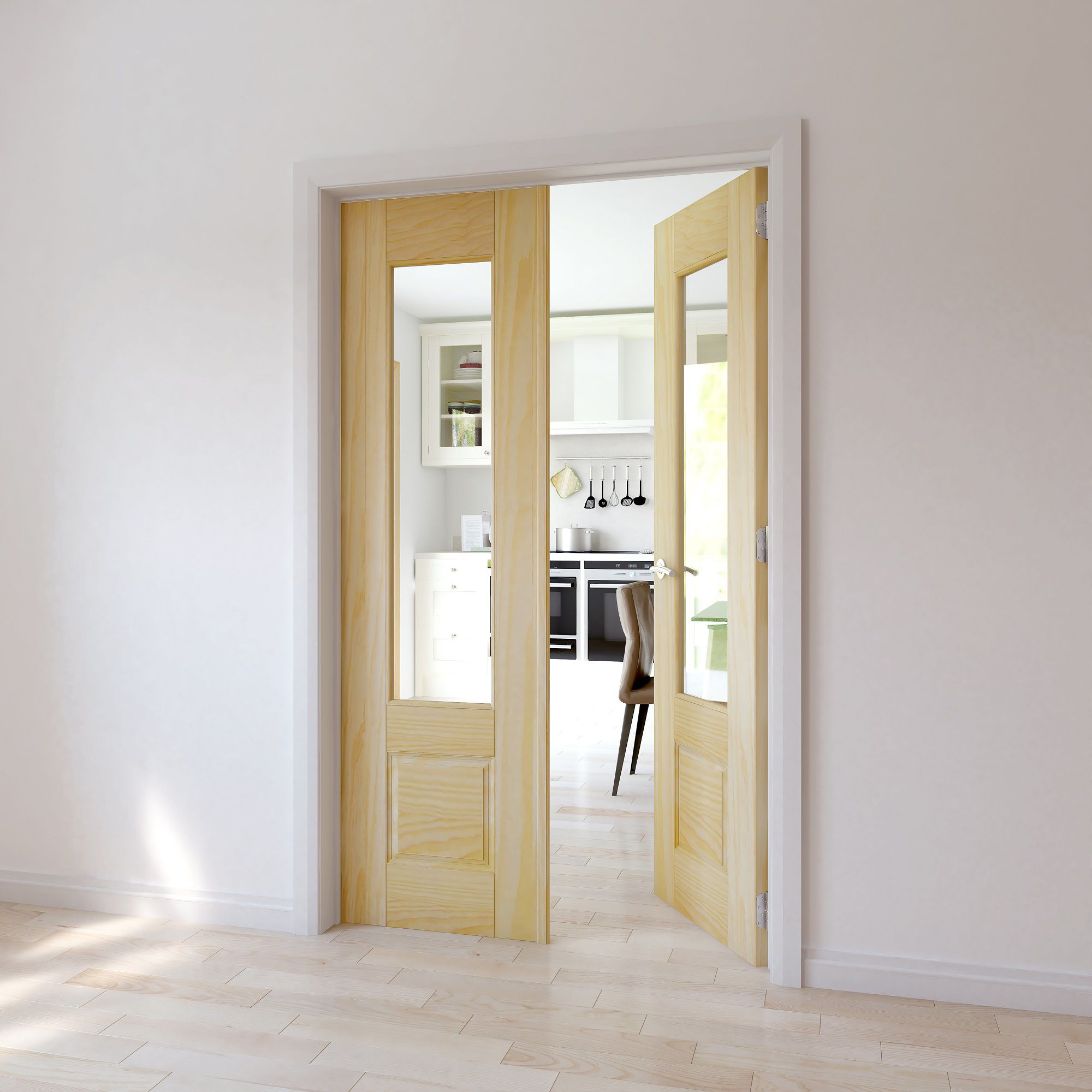 2 panel 1 Lite Glazed Primed Pine Internal French Door set, (H)2020mm