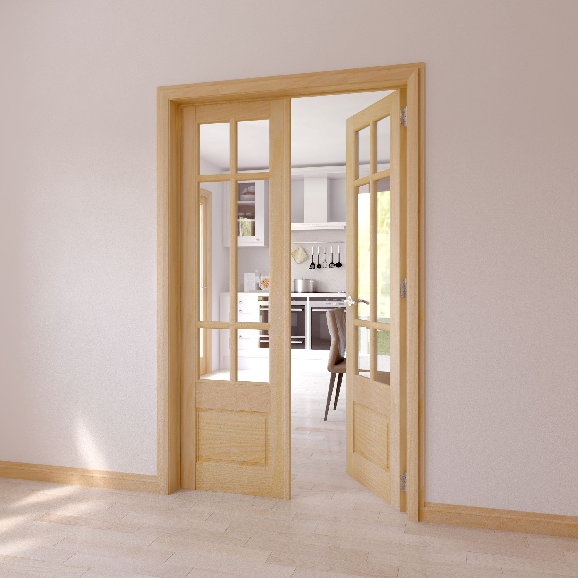 2 panel 6 Lite Glazed Pine Internal French Door set