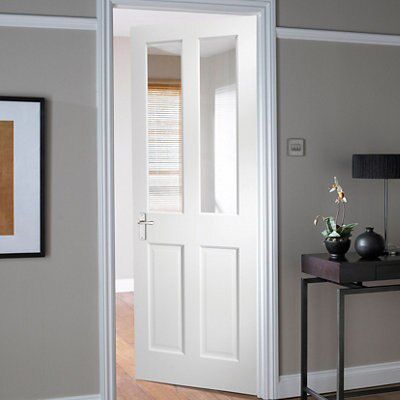2 panel Patterned Glazed White Internal Softwood Door, (H)1981mm (W)762mm (T)35mm