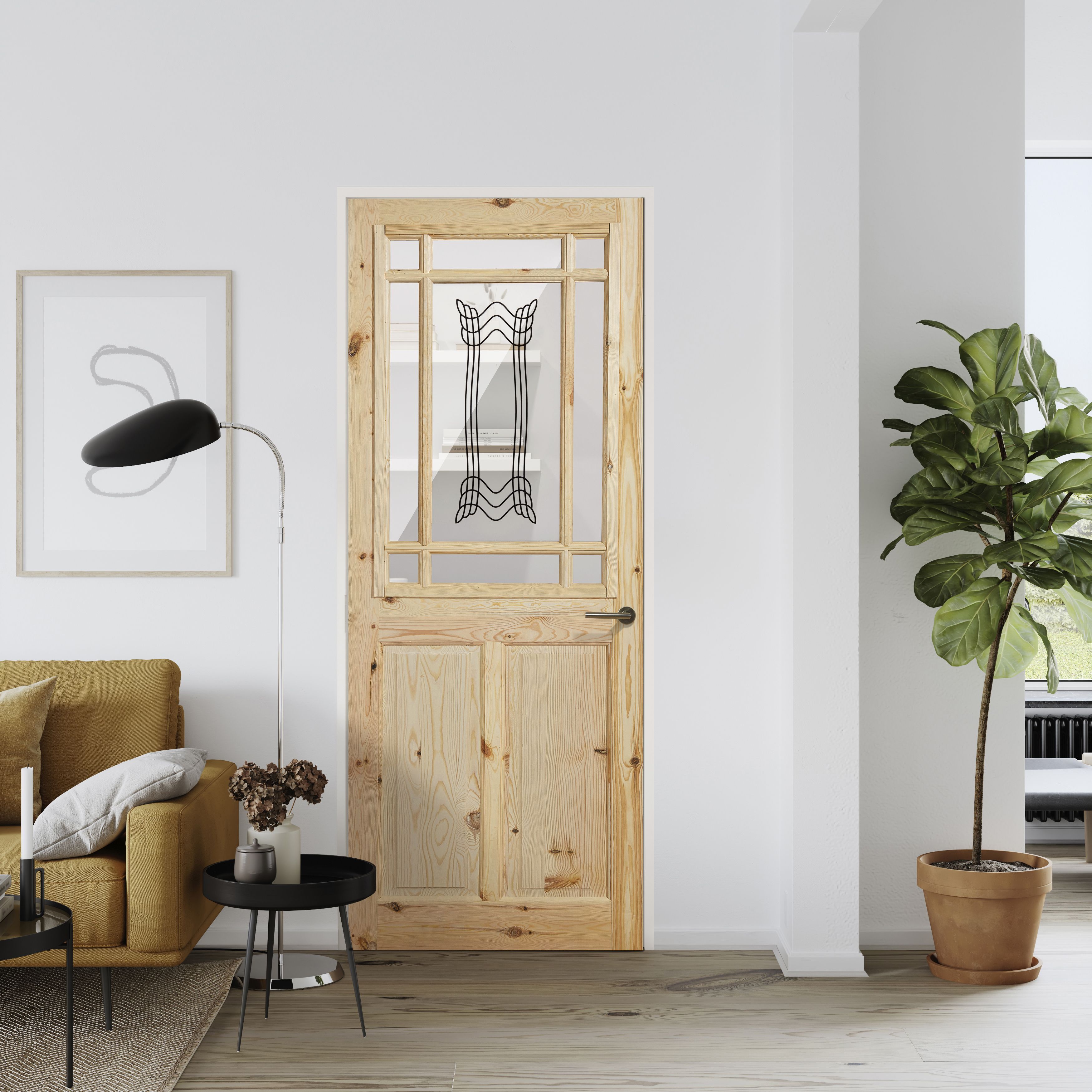 2 panel Screen-printed Glazed Contemporary Internal Knotty pine Door, (H)2032mm (W)813mm (T)35mm