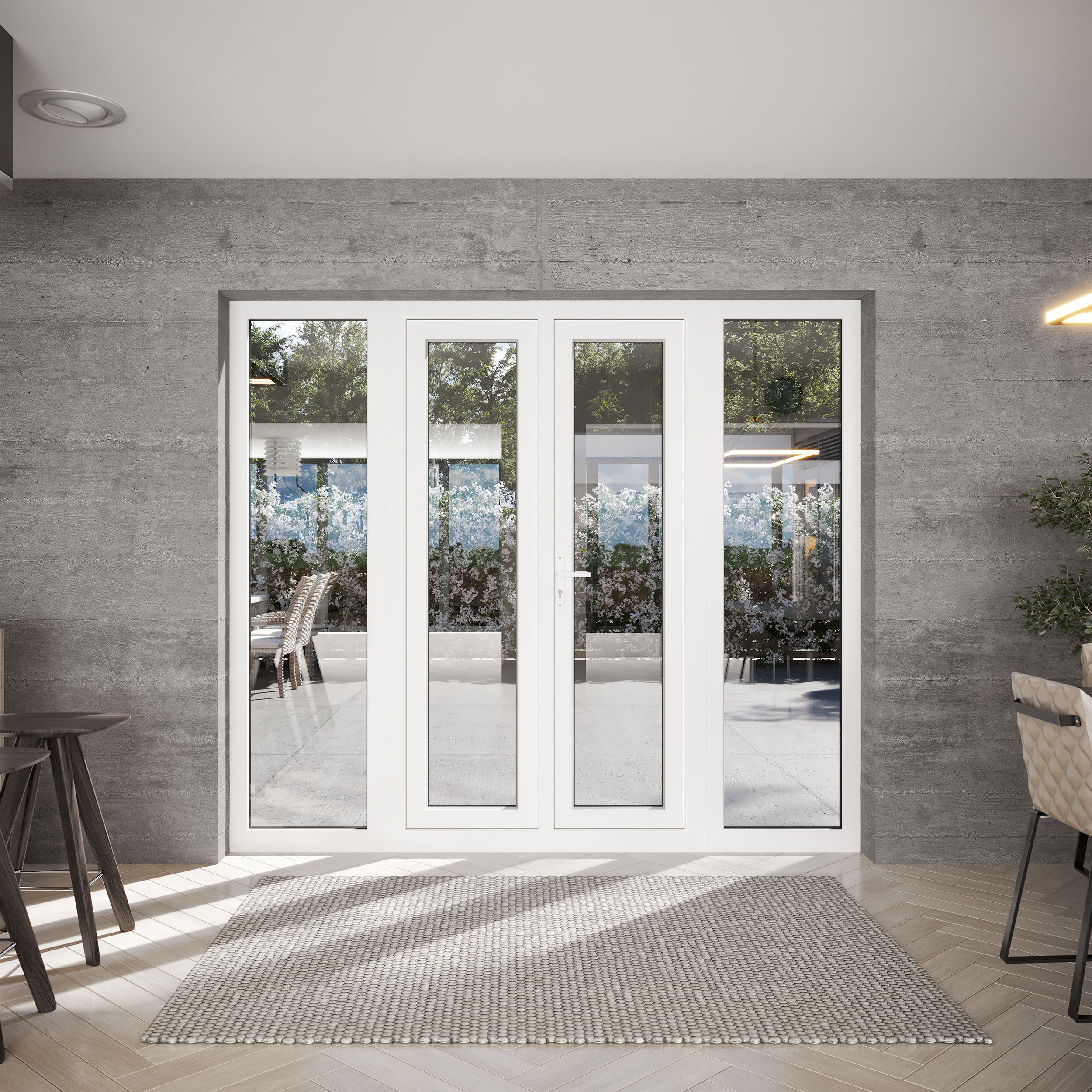 2 x 600mm sidelights Clear Glazed Grey uPVC French Door set with 4 panes, (H)2090mm (W)2390mm