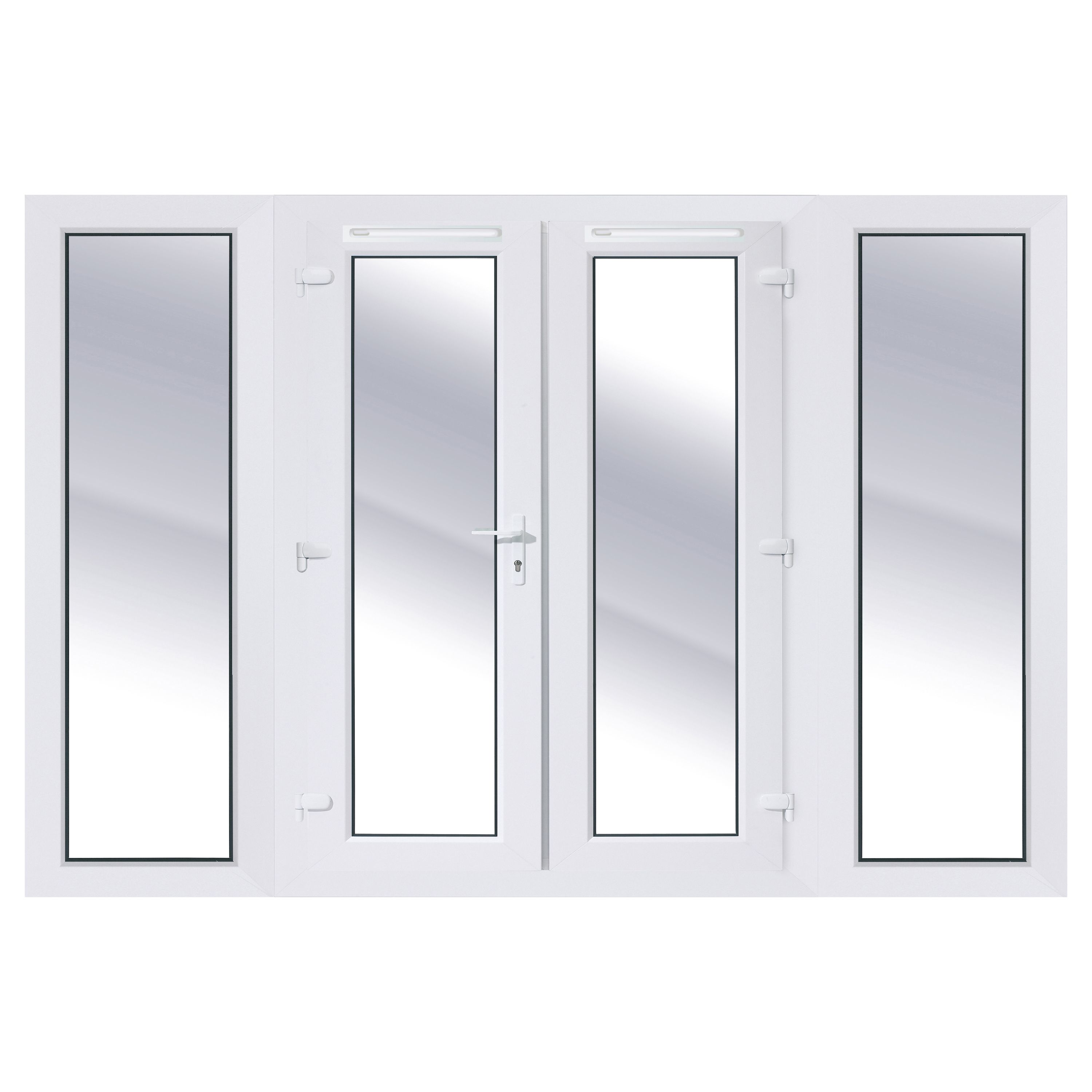 2 x 600mm sidelights Clear Glazed White uPVC French Door set with 4 panes, (H)2090mm (W)2390mm