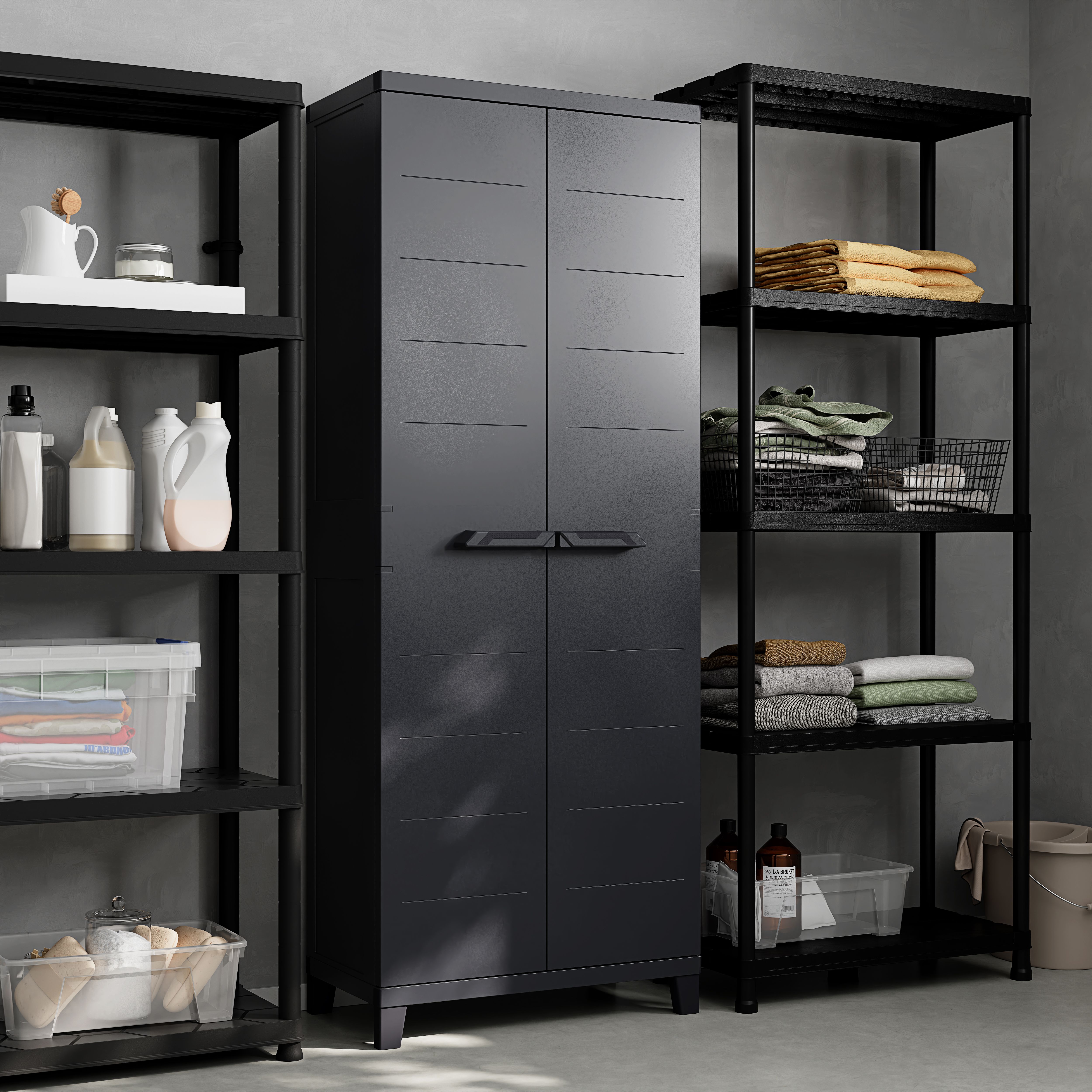 3 shelf Black Plastic Utility Tall storage cabinet (H)172cm x (W)66cm x (D)40cm