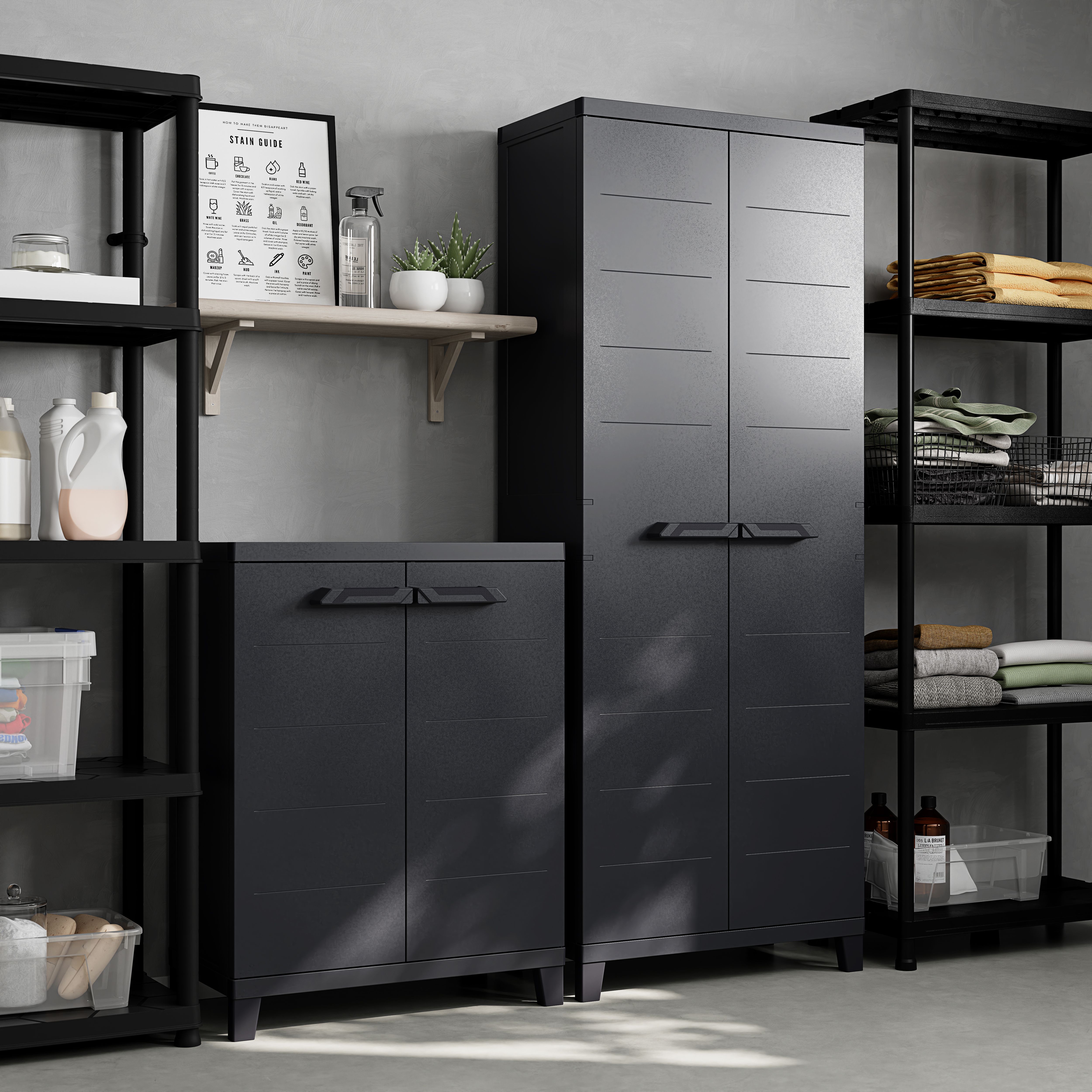 3 shelf Black Plastic Utility Tall storage cabinet (H)172cm x (W)66cm x (D)40cm
