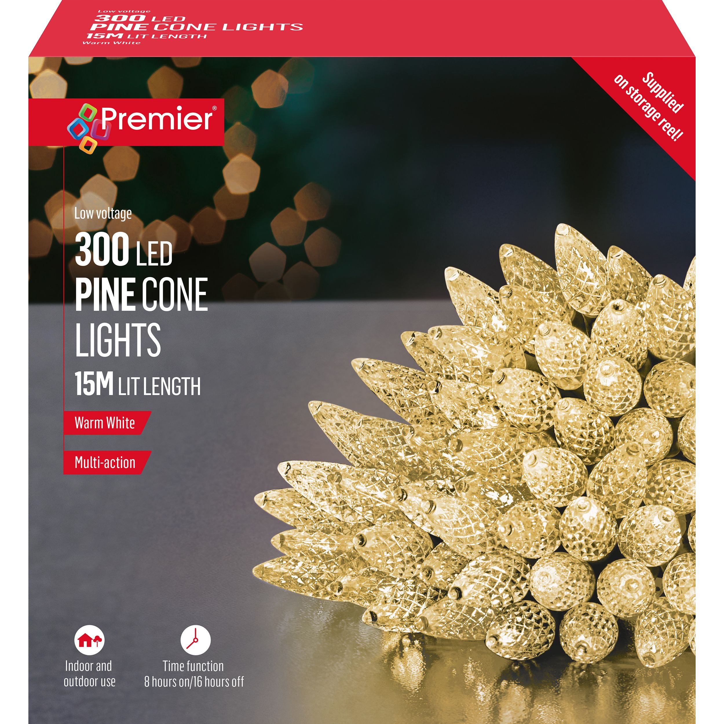 300 Warm white Pinecone LED Timer function String lights Green cable