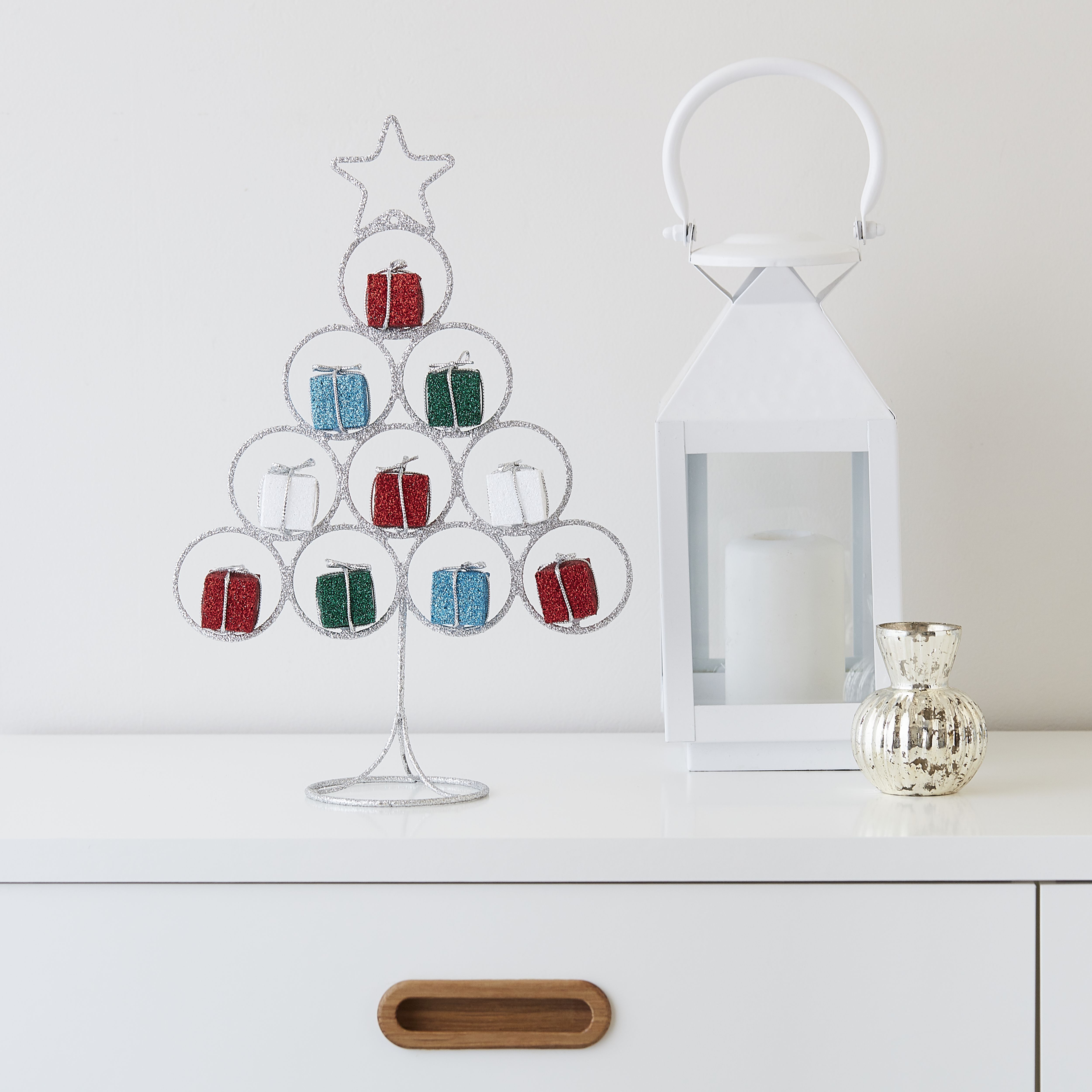 310mm Silver Glitter effect Metal & plastic Indoor Wire Present Table top tree