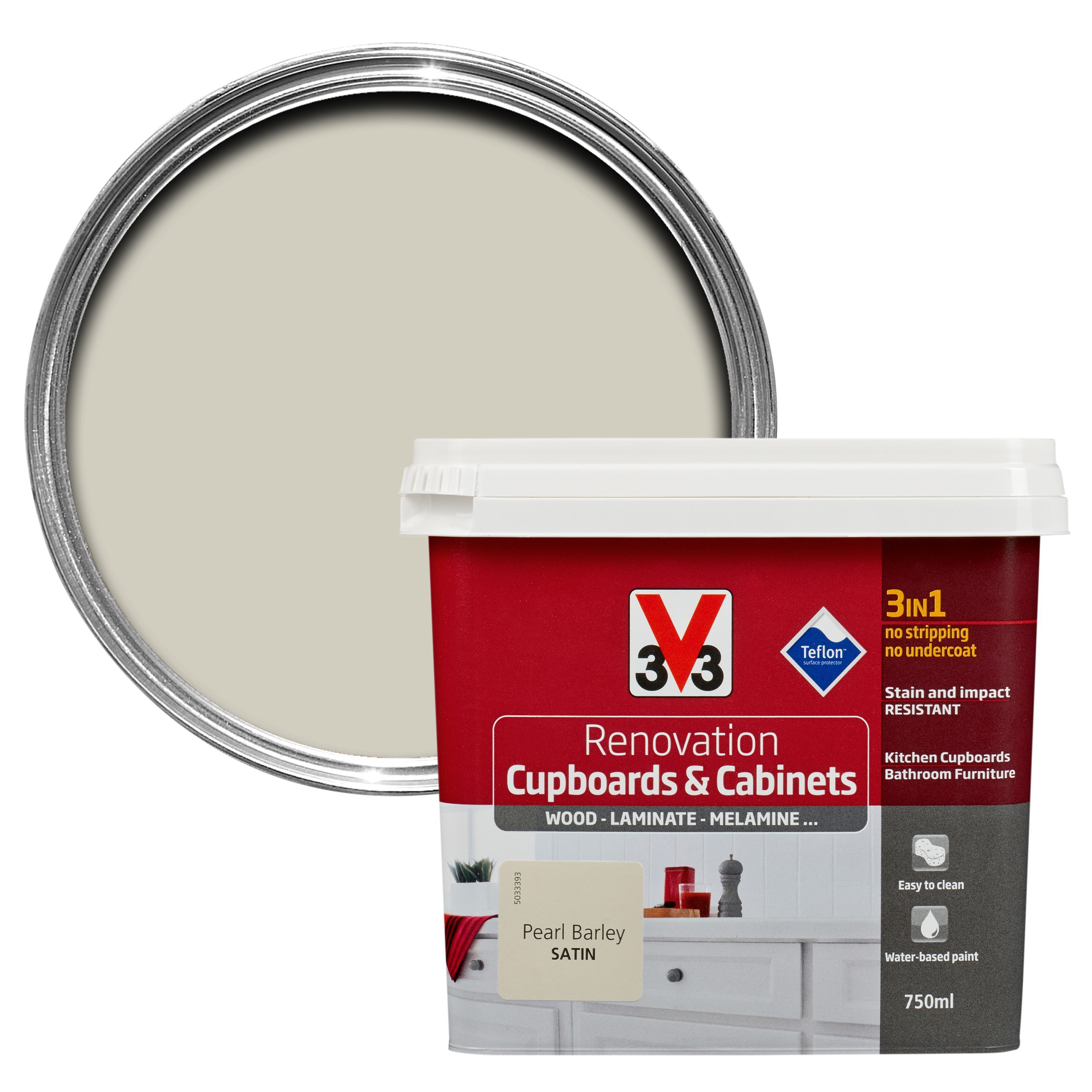 V33 Renovation Pearl Barley Satin Kitchen Cupboard & Cabinet Paint 750 Ml