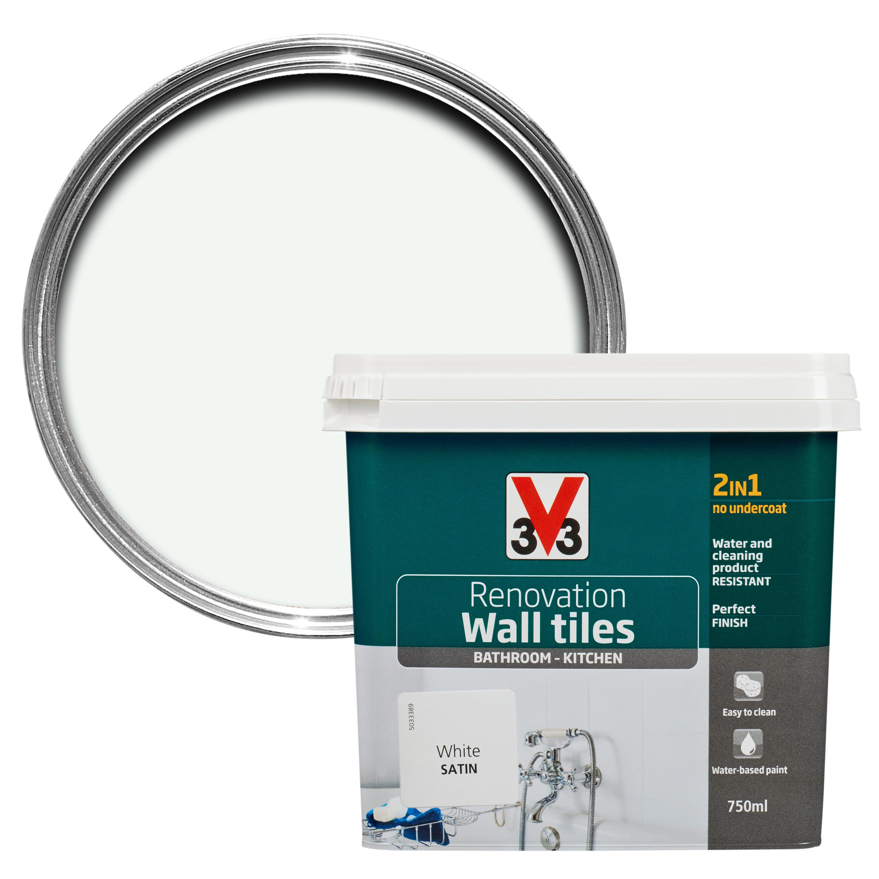 V33 Renovation White Satin Wall Tile Paint 0.75L