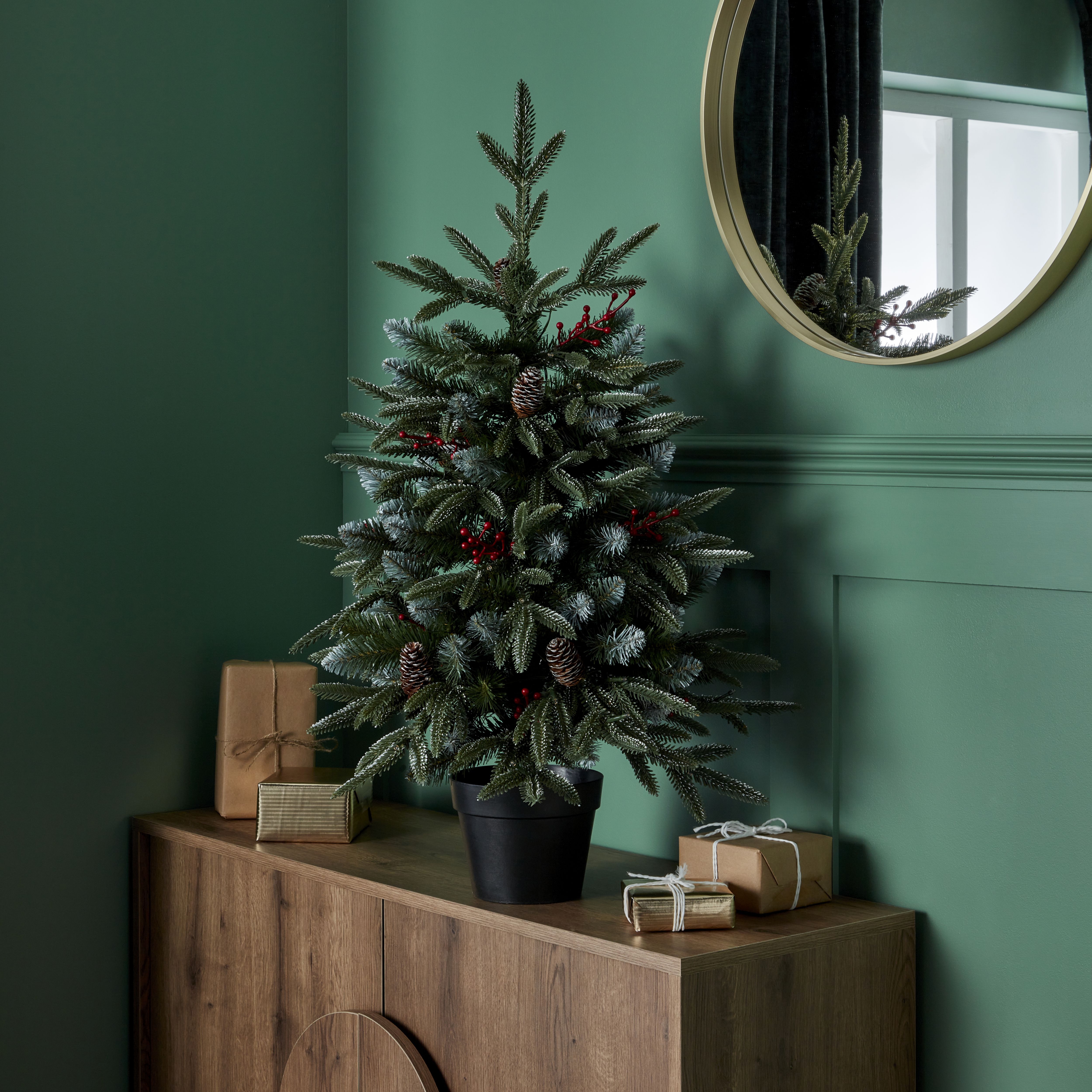 3ft Slim Blitzen Warm white LED Potted Pre-lit Frosted effect Artificial Christmas tree - Green