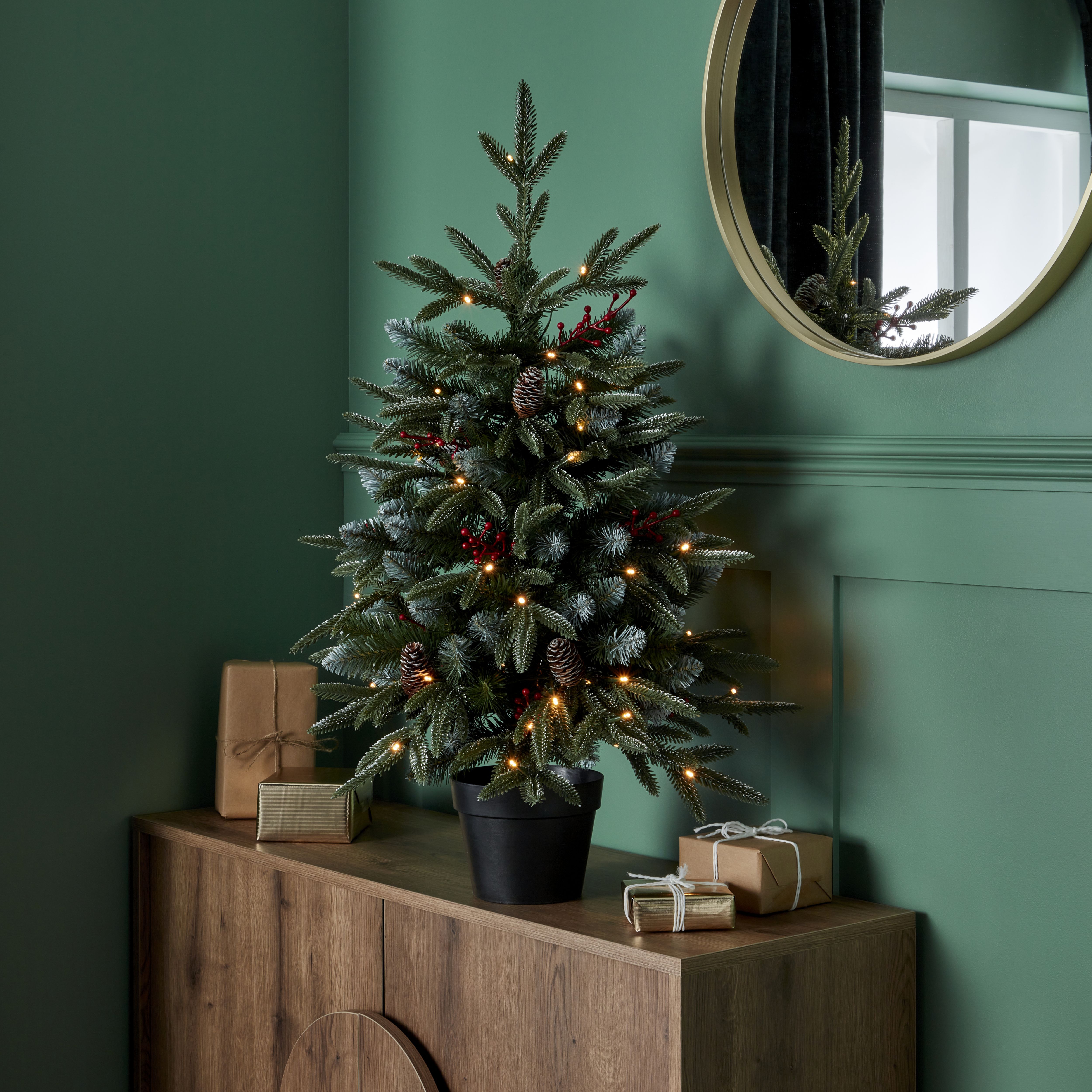 3ft Slim Blitzen Warm white LED Potted Pre-lit Frosted effect Artificial Christmas tree - Green