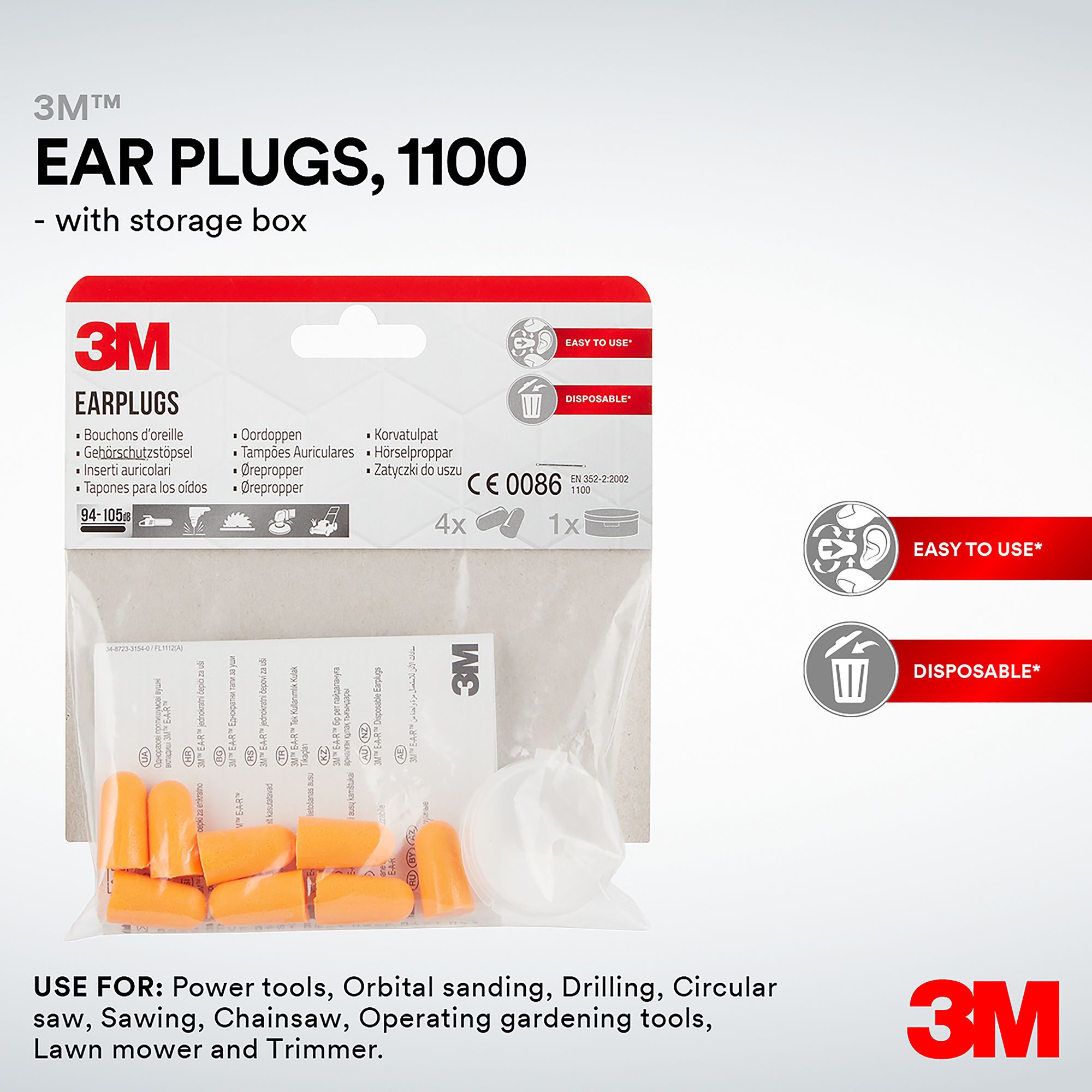 3M 1100 Ear Plugs, Uncorded, 37 dB Noise Rating, PU Foam, Orange