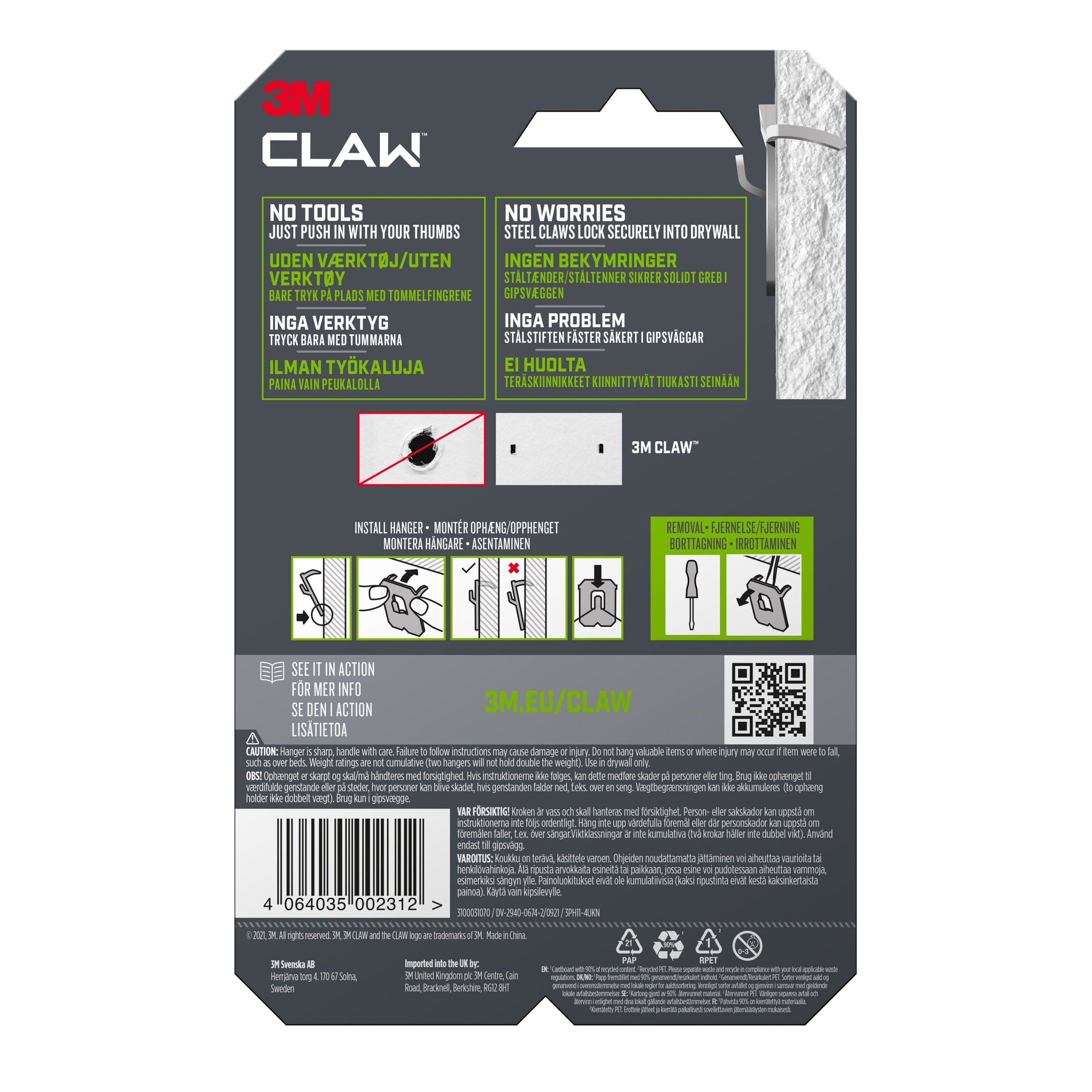3M Claw Drywall Picture hanger (H)31.5mm (W)27mm, Pack of 4