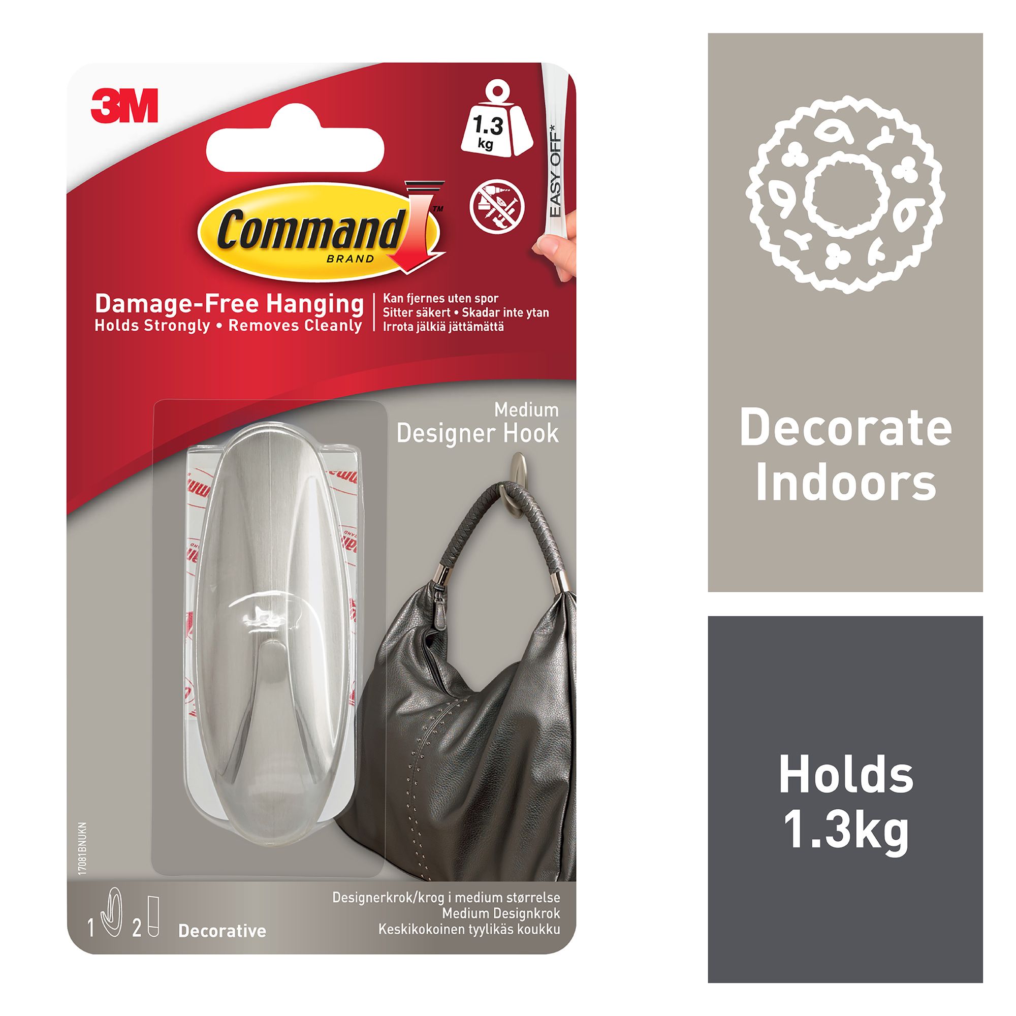 3M Command Designer Brushed Medium Coat & hat Hook (Holds)1.3kg