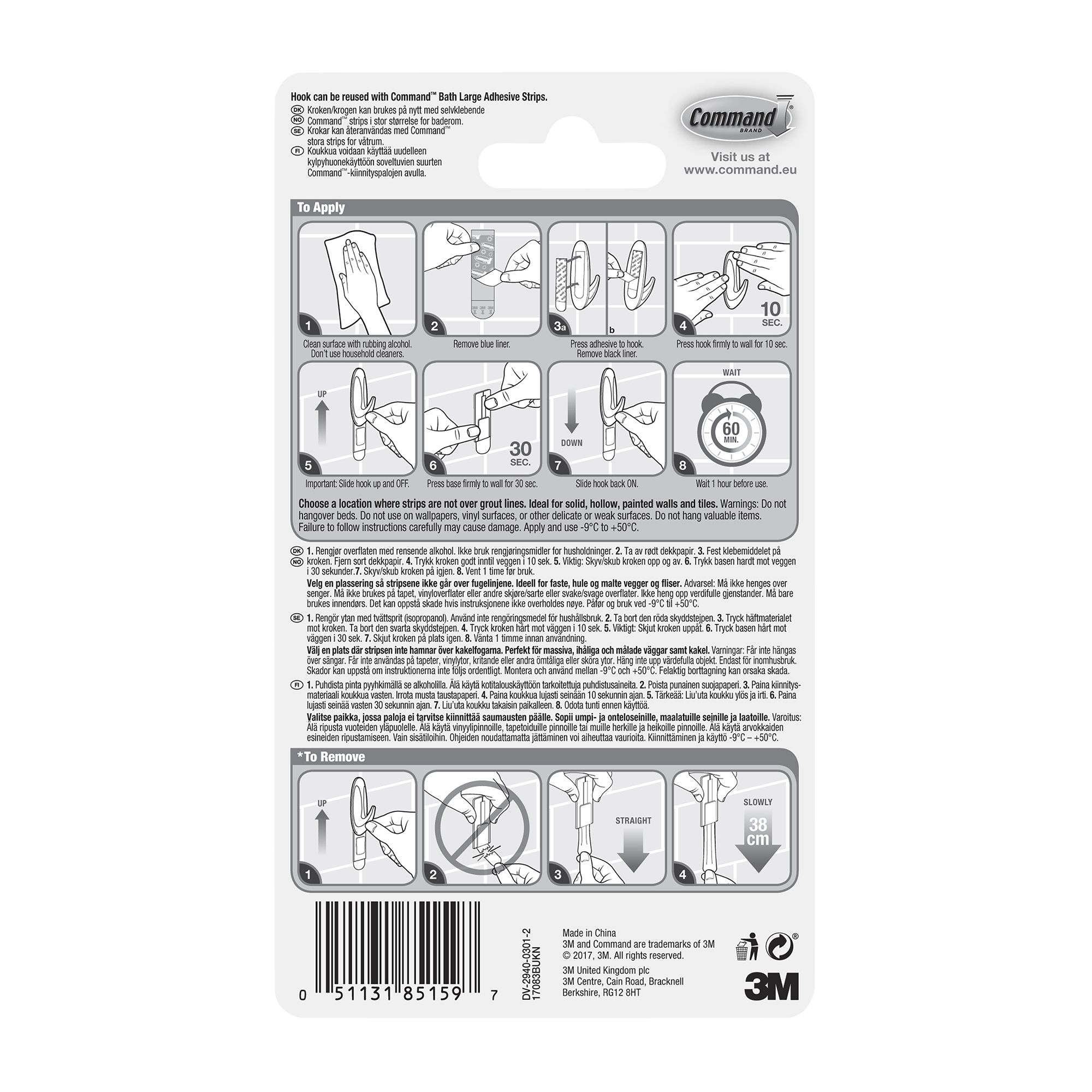 3M Command Designer Large White Bath Hook (Holds)2.2kg - 8