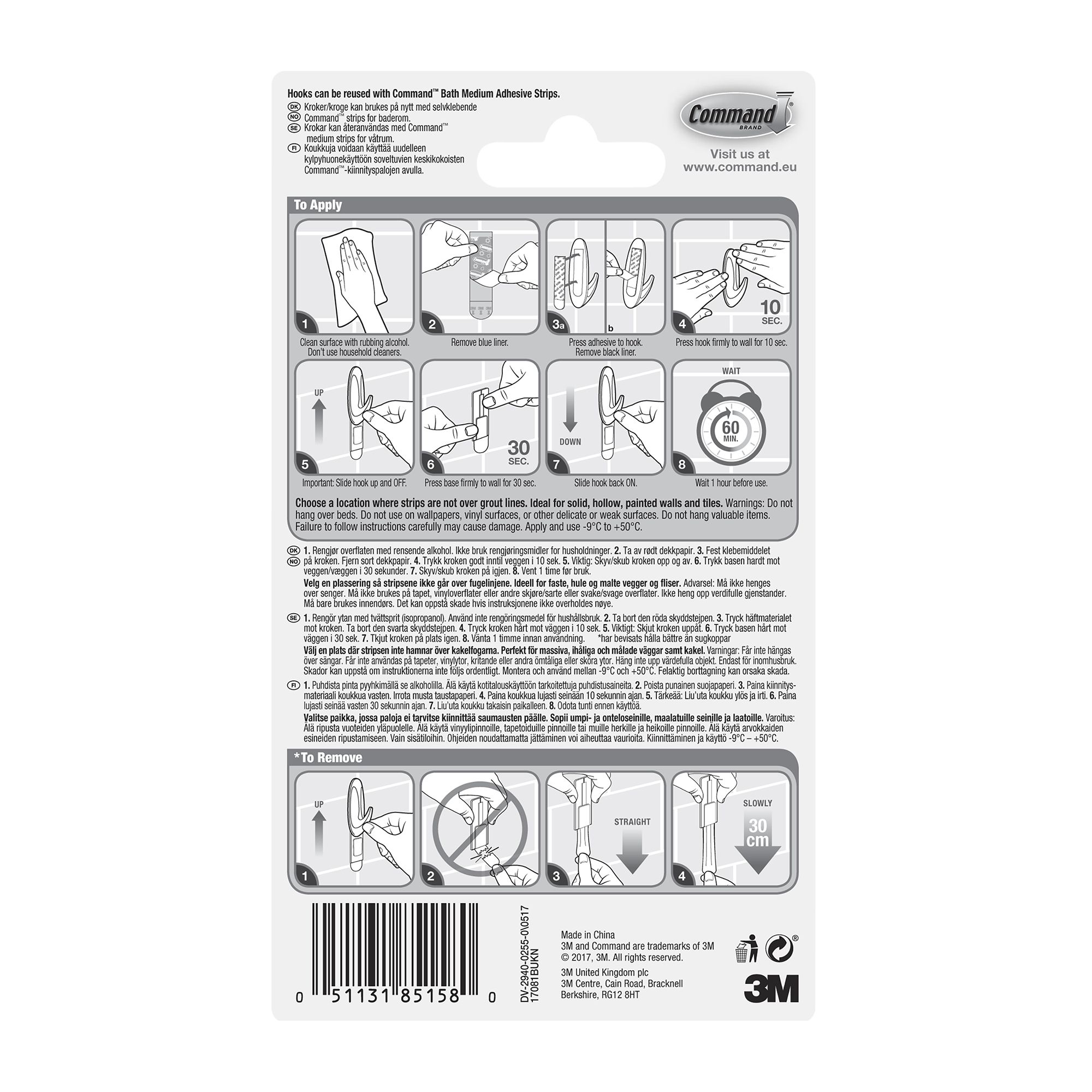 3M Command Designer Medium White Bath Hook (Holds)1.3kg - 8
