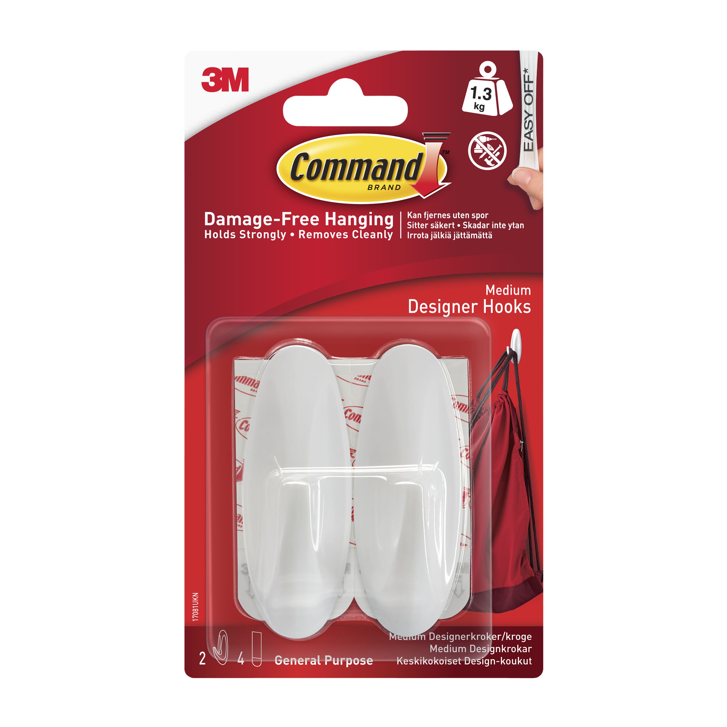 3M Command Designer Medium White Hook (Holds)1.3kg, Pack of 2