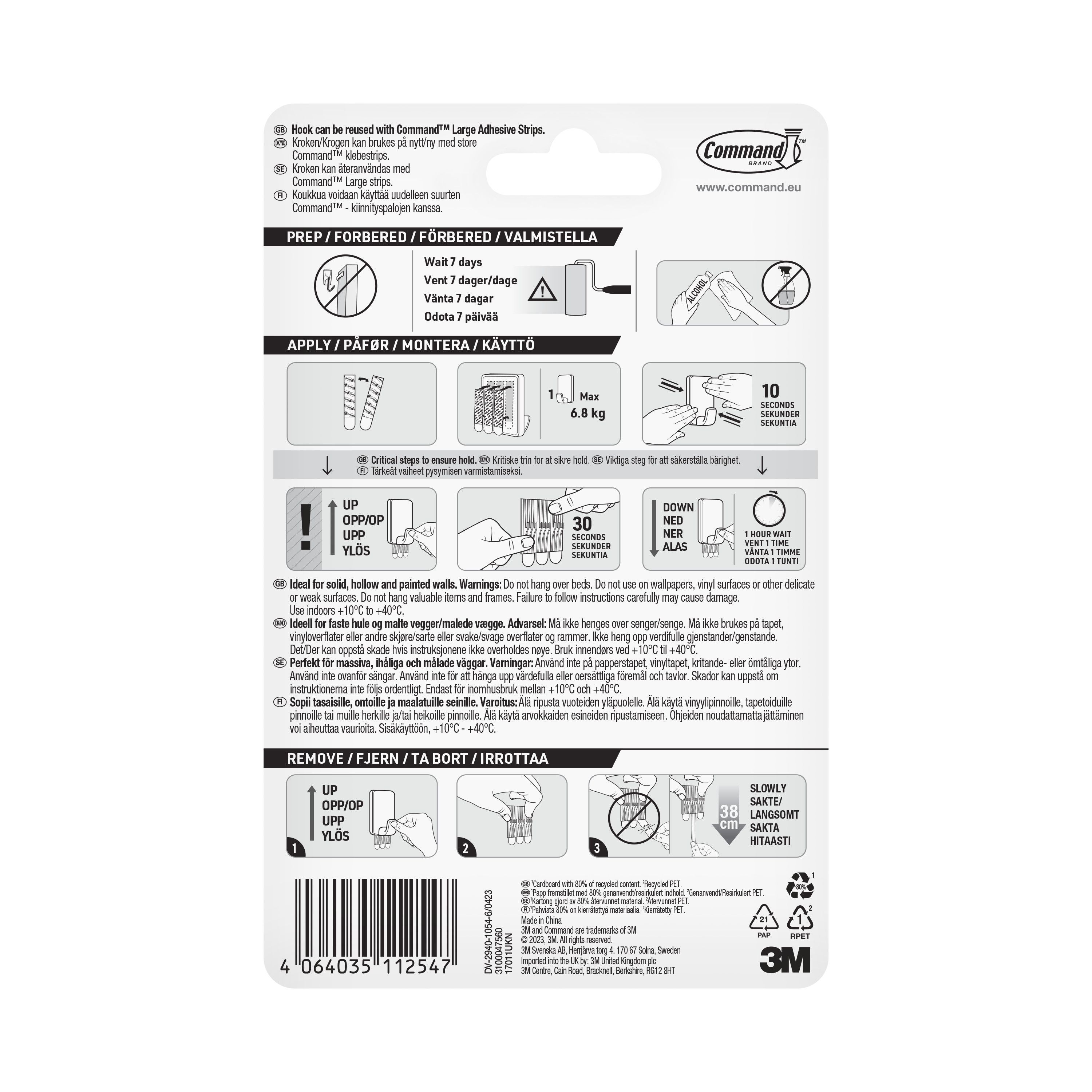 3M Command Extra large White Utility Adhesive hook (Holds)6.8kg - 6