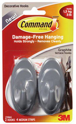 3M Command Graphite effect Grey Hook (Holds)1.3kg, Pack of 2