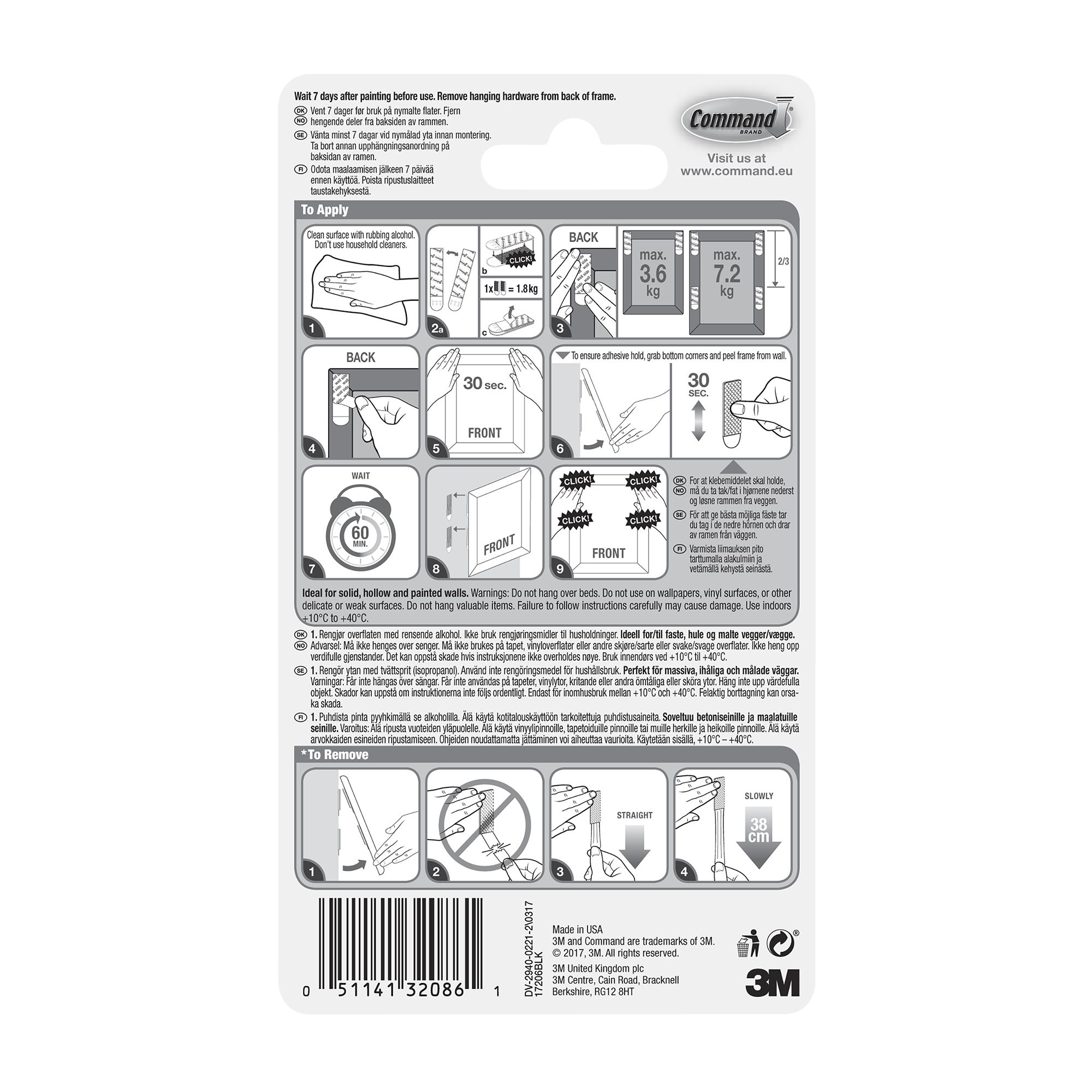 3M Command Large Black Picture hanging Adhesive strip (Holds)7.2kg, Set of 8