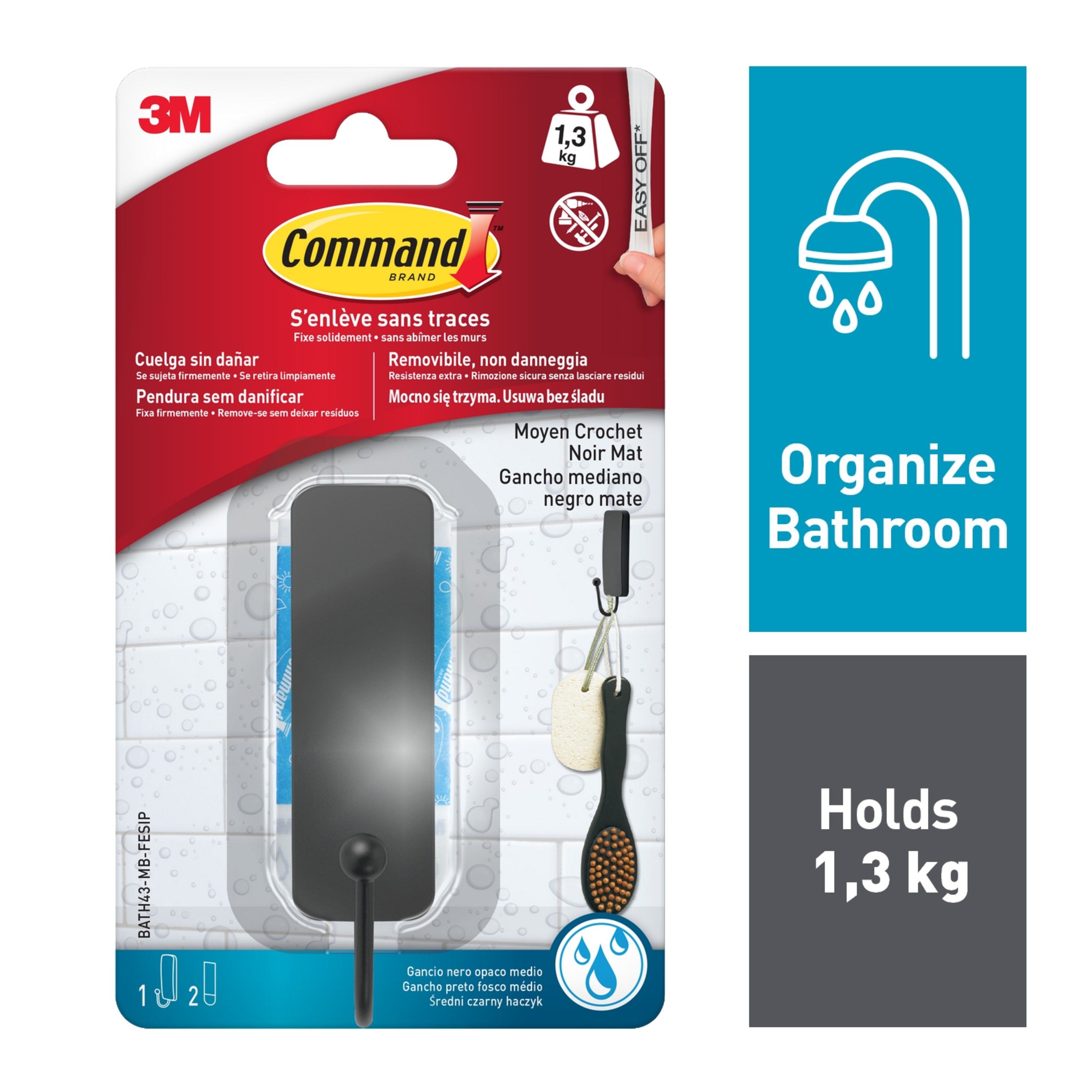 3M Command Medium Black Bath Adhesive hook (Holds)1.3kg - 3