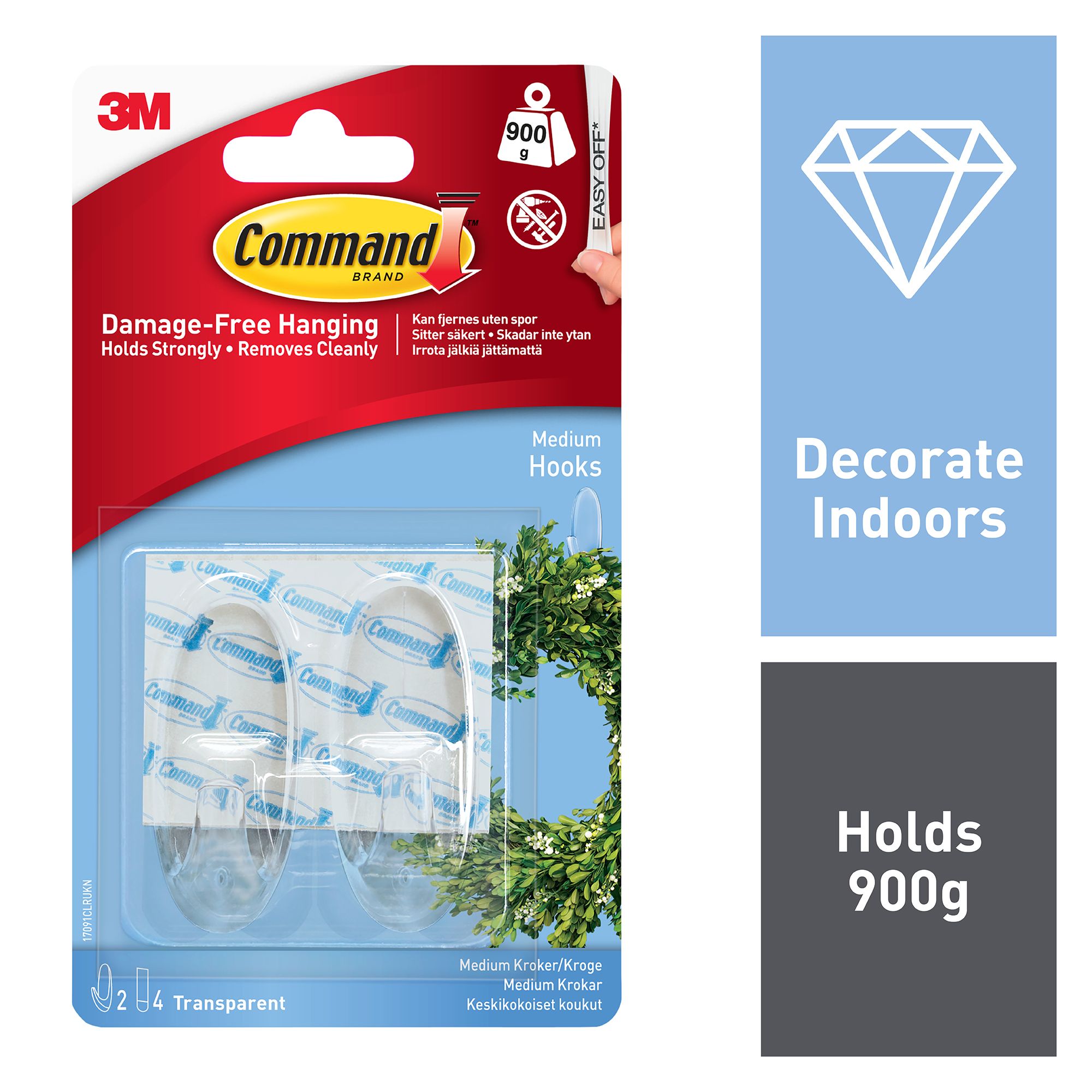 3M Command Medium Clear Hook (Holds)0.9kg - 3