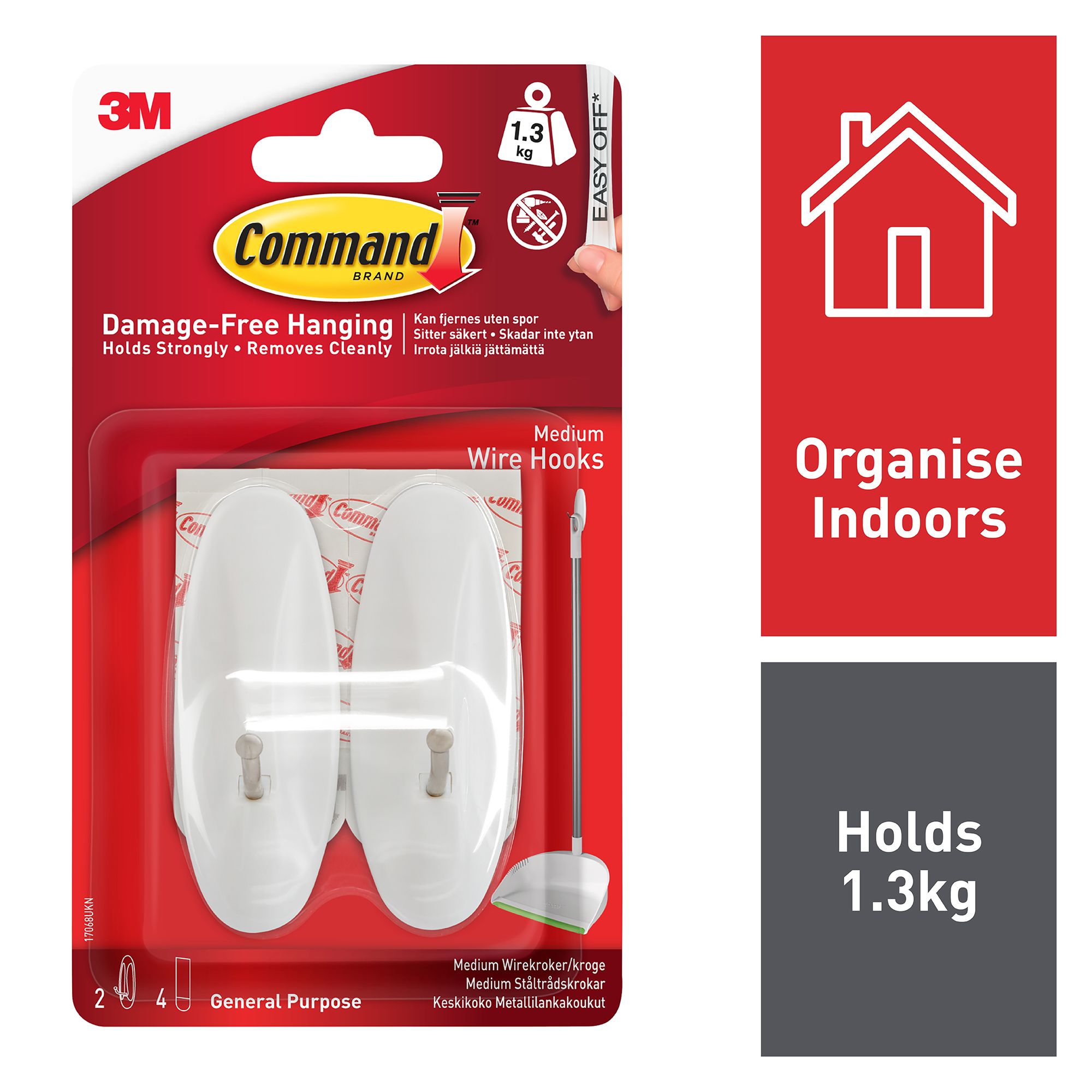 3M Command Medium White Wire hook (Holds)1.3kg, Pack of 2