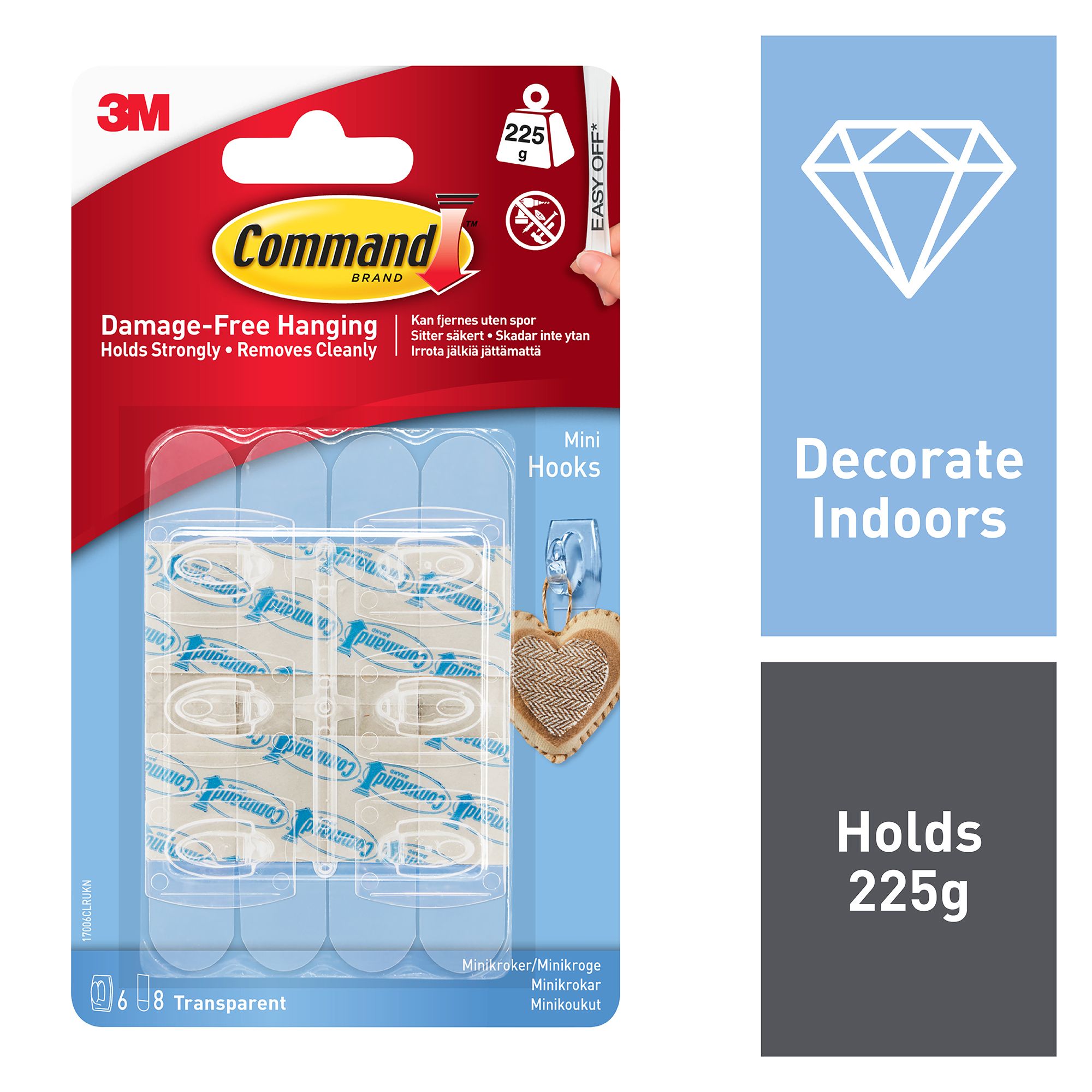 3M Command Mini Clear Hook (Holds)0.23kg, Pack of 6