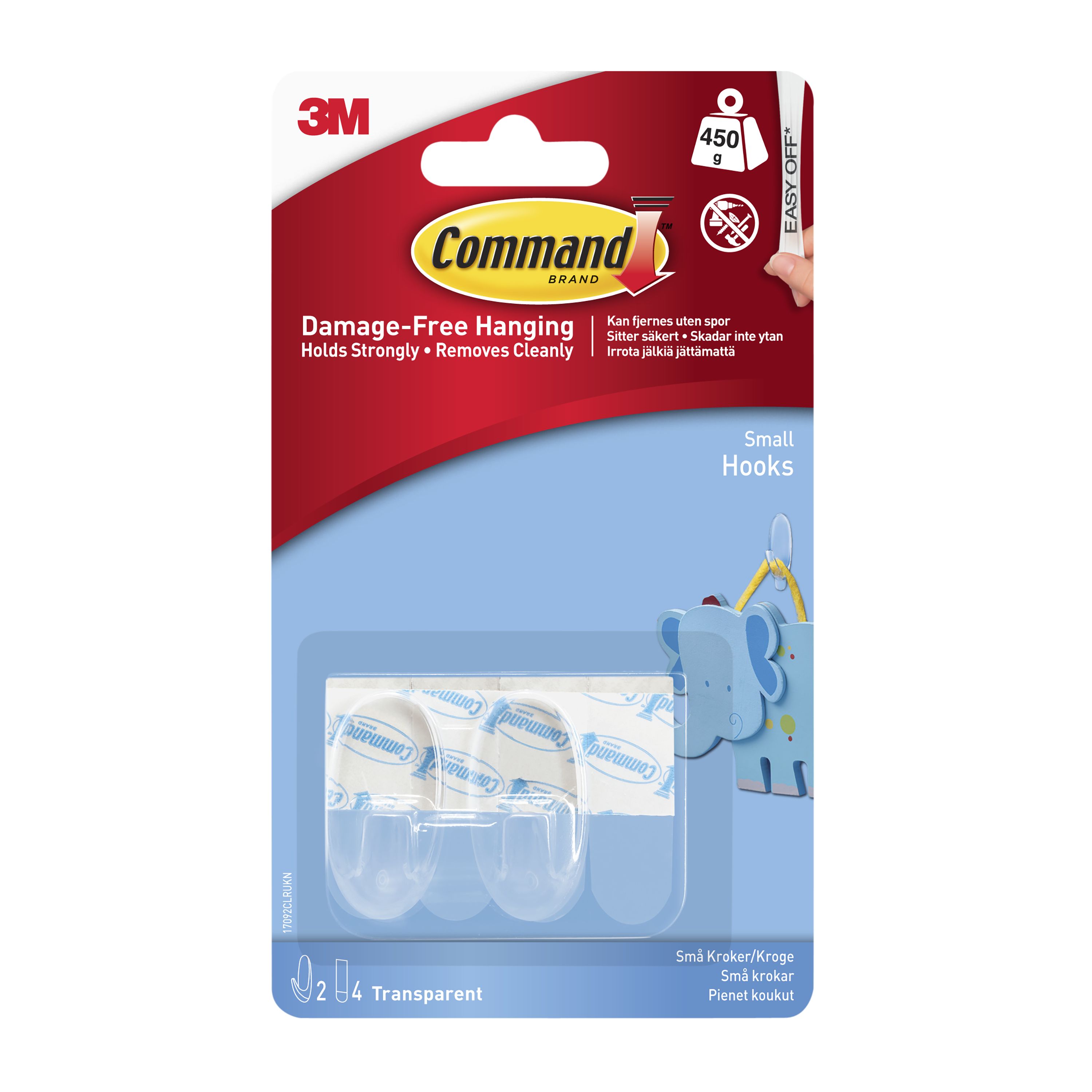 3M Command Wire Hooks, Medium, Clear, 2/Pkg.