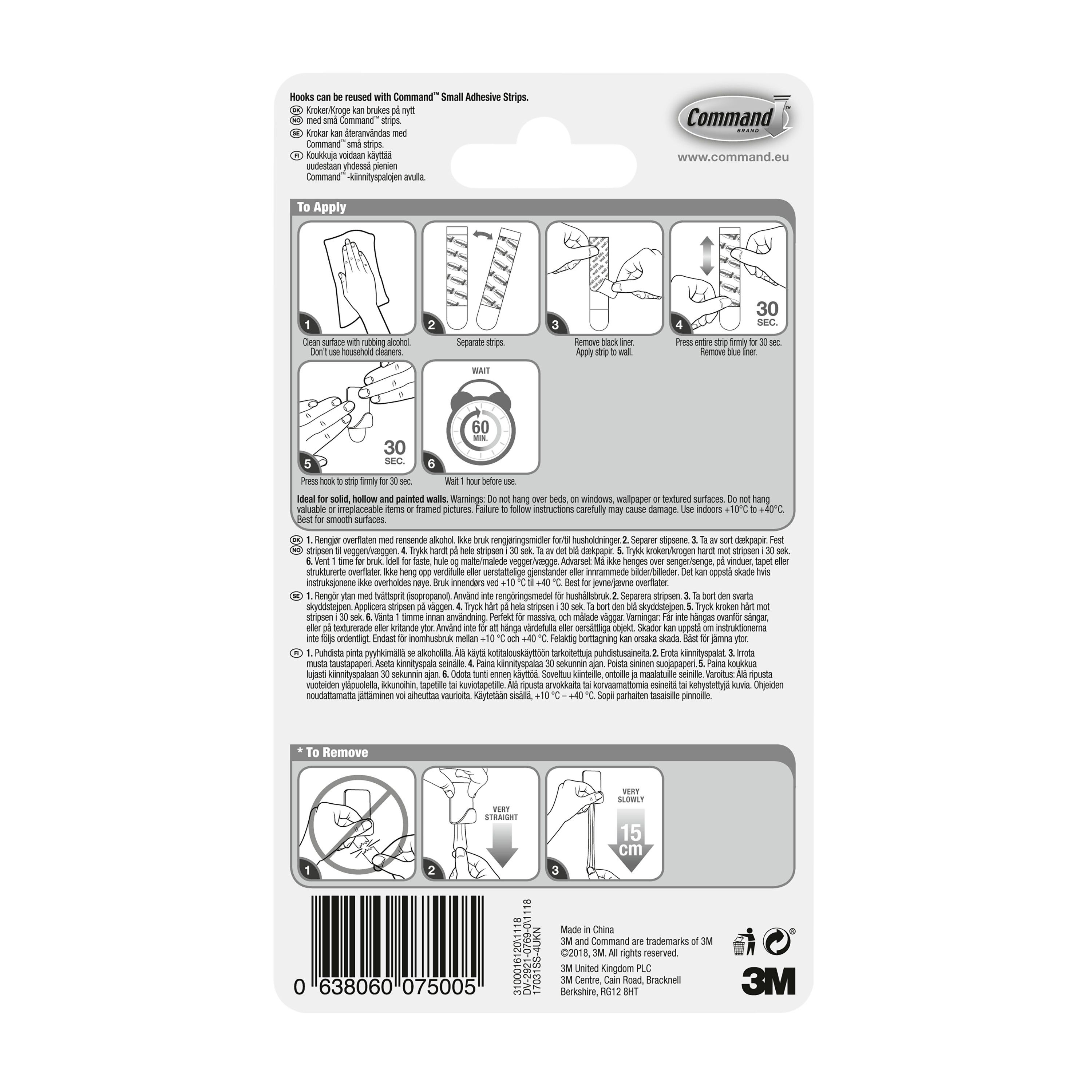 3M Command Small General-purpose Adhesive hook (Holds)225g, Pack of 4