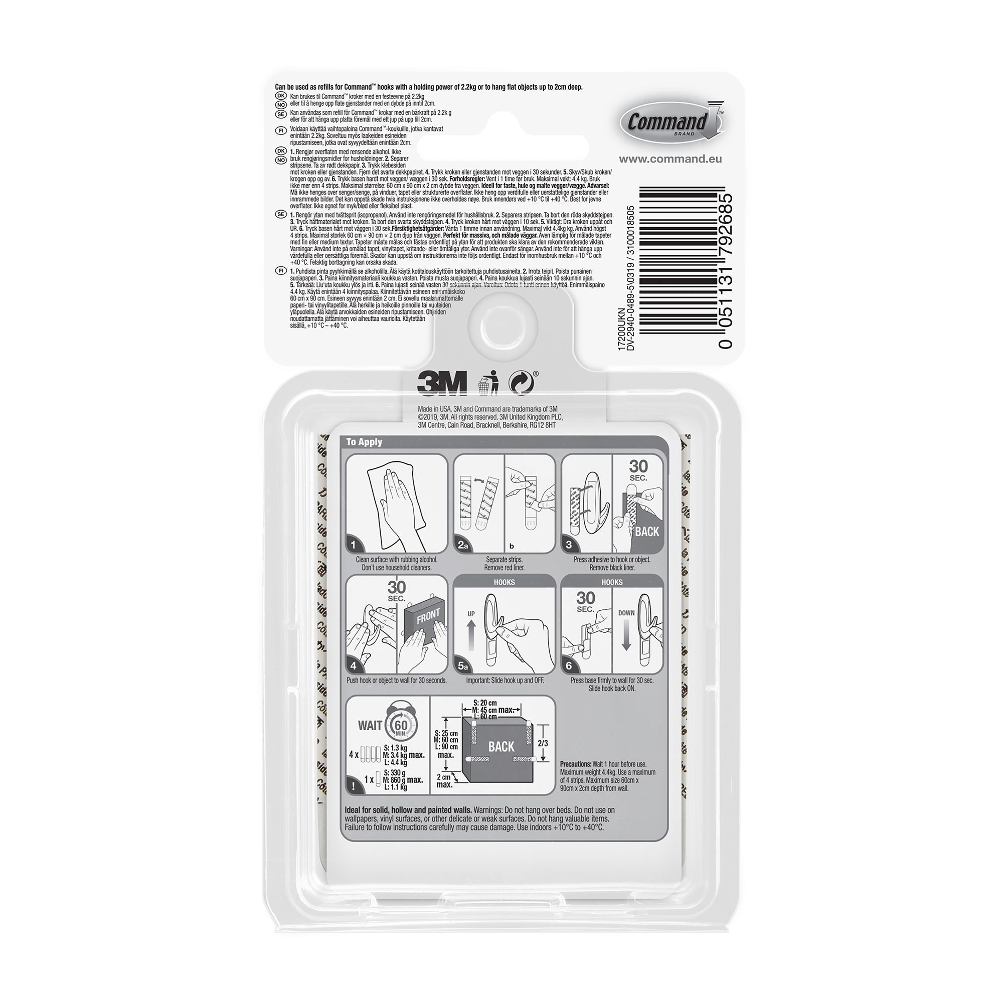 3M Command Small, medium & large White Replacement adhesive strip (Holds)4.4kg, Pack of 16