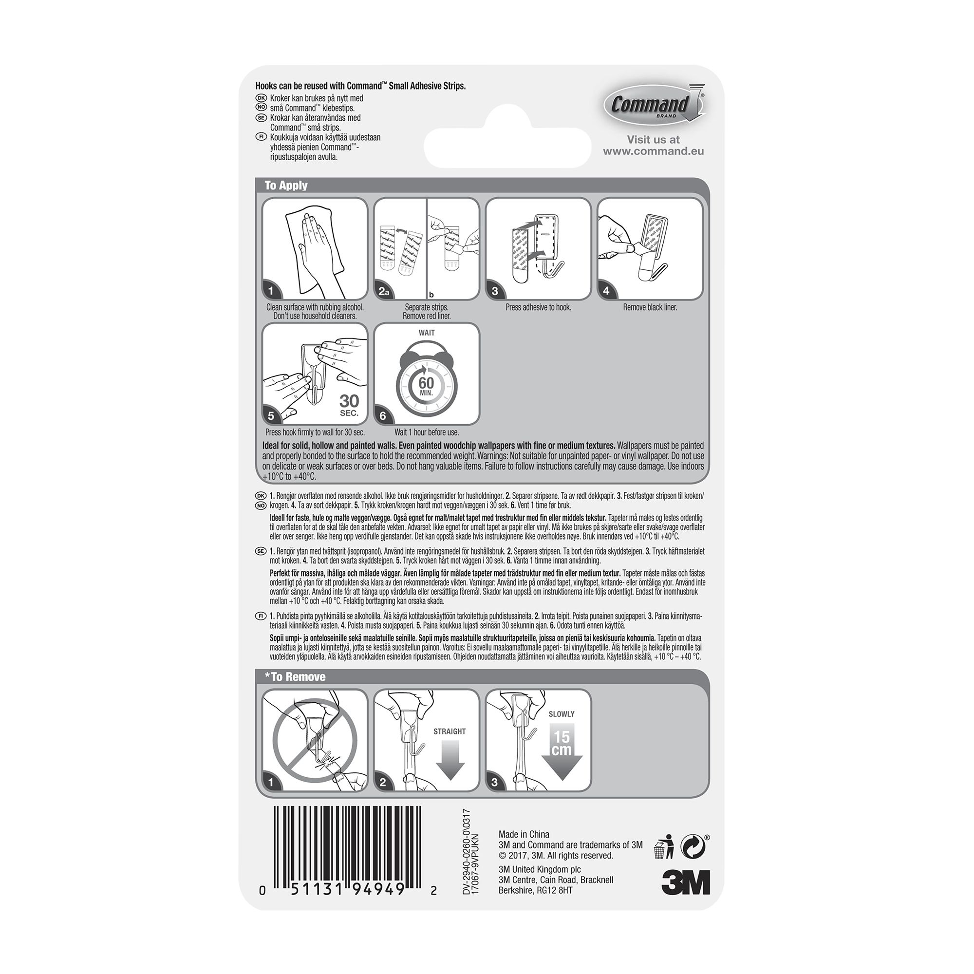 3M Command Small White Coat & hat Wire hook (Holds)225g