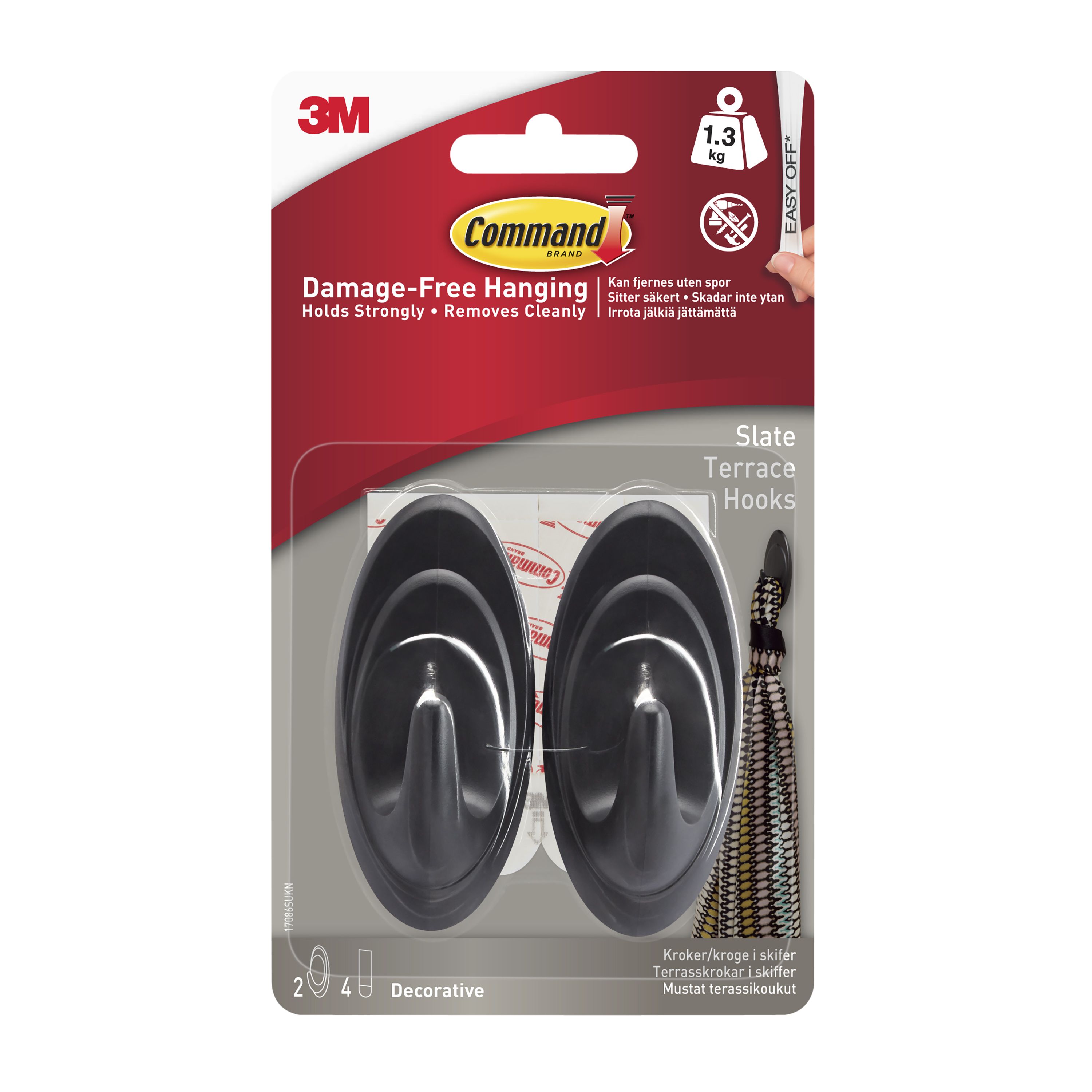 3M Command Terrace Slate effect Grey Hook Holds 1.3kg Pack of 2