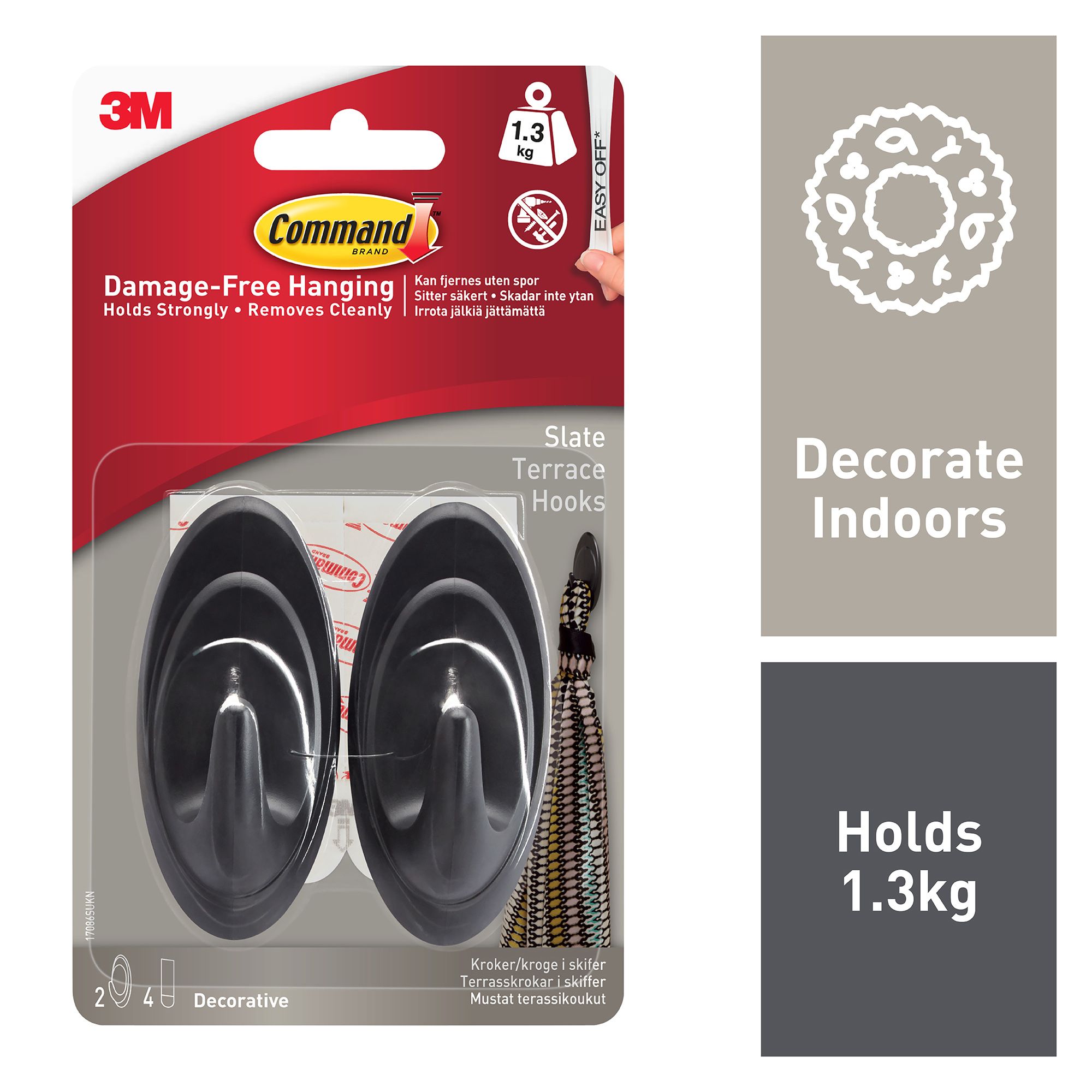 3M Command Terrace Slate effect Grey Hook (Holds)1.3kg - 3